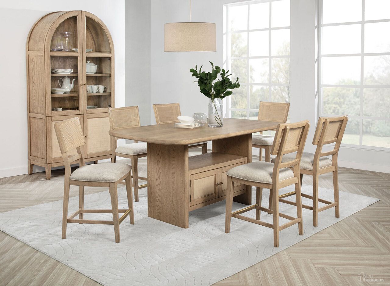The appearance of Kailani Cane Counter Height Storage Dining Set In Beige Oak designed by Coaster in the coastal interior design. This beige oak piece of furniture was selected by 1StopBedrooms from Kailani Collection to add a touch of cosiness and style into your home. Sku: 109388;109389. Table Top Shape: Rectangular. Size: 42" x 72". Material: Cane.