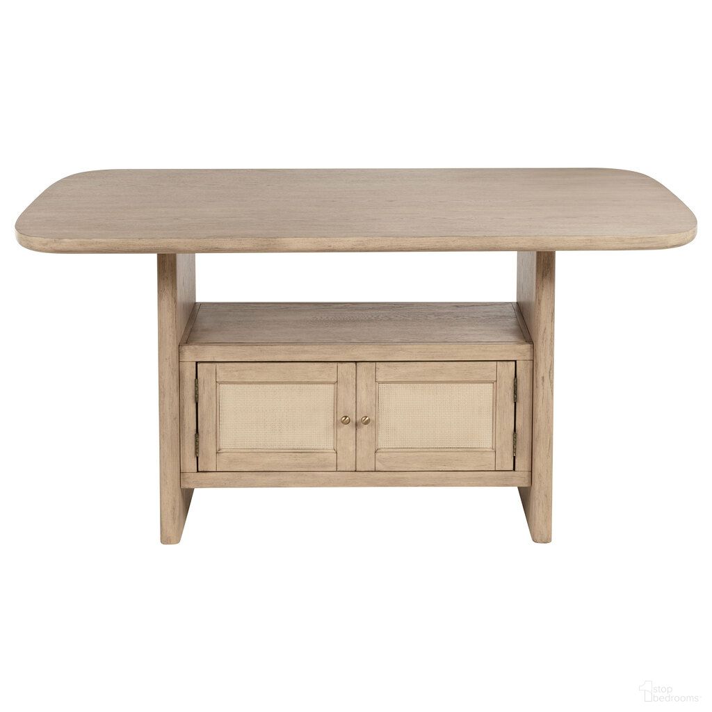 The appearance of Kailani Cane Counter Height Storage Dining Table In Beige Oak designed by Coaster in the coastal interior design. This beige oak piece of furniture  was selected by 1StopBedrooms from Kailani Collection to add a touch of cosiness and style into your home. Sku: 109388. Table Base Style: Trestle. Material: MDF. Table Top Shape: Rectangular. Size: 42" x 72".