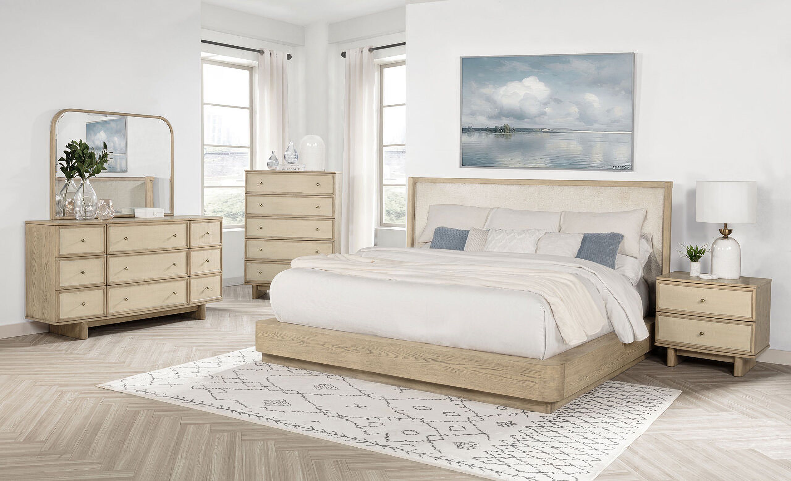 The appearance of Kailani Wingback Bedroom Set In Beige Oak designed by Coaster in the coastal interior design. This beige oak piece of furniture was selected by 1StopBedrooms from Kailani Collection to add a touch of cosiness and style into your home. Sku: 225041QB1;225041QB2;225041QB3;225042. Material: Fabric. Bed Size: California King.