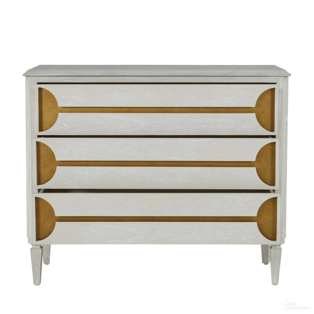 The appearance of Kaitlin Chest In Cerused White and Stained Brass designed by Gabby in the transitional interior design. This cerused white/stained brass piece of furniture was selected by 1StopBedrooms from Kaitlin Collection to add a touch of cosiness and style into your home. Sku: SCH-169245. Material: Mindi Veneer.