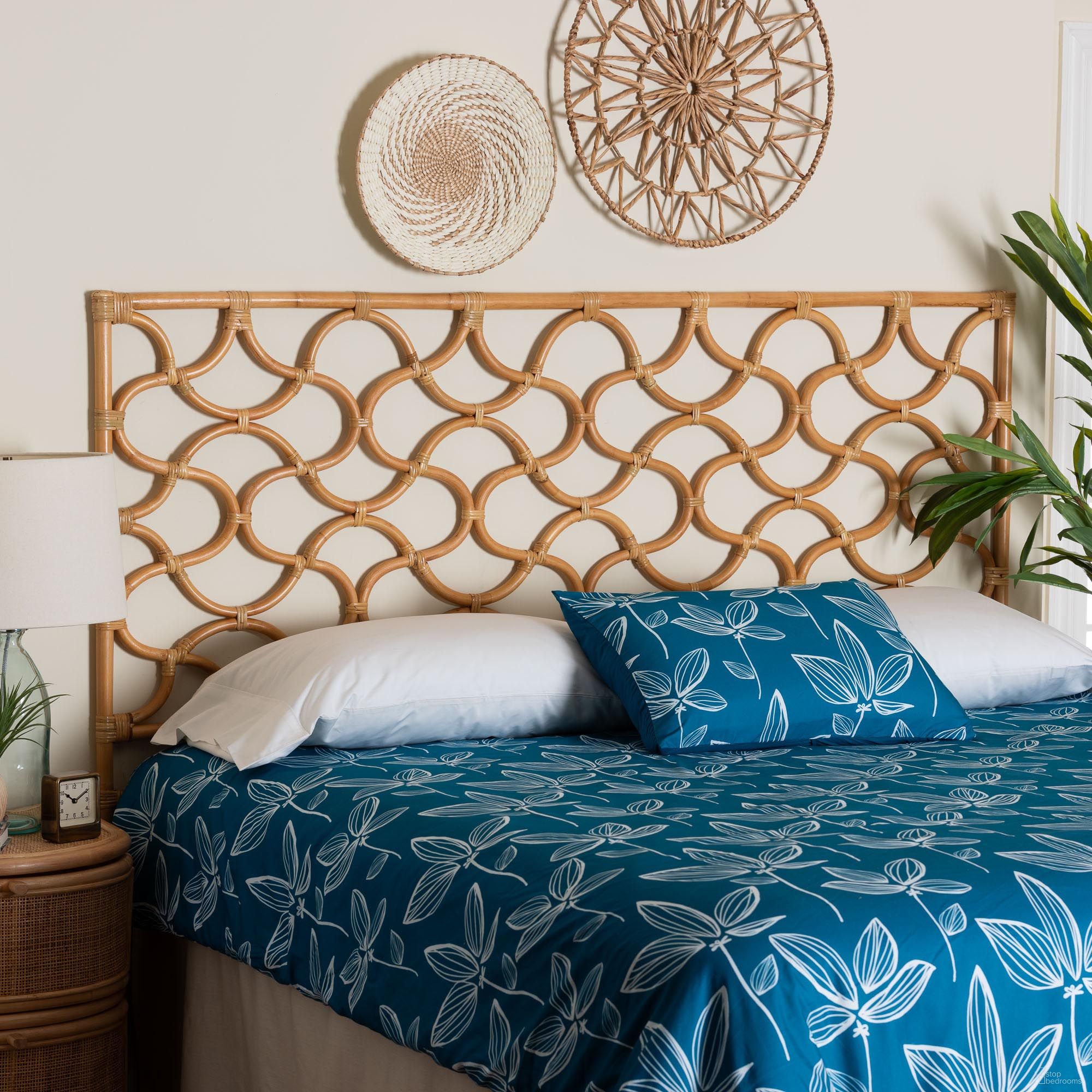 The appearance of Kalcya Natural Rattan King Standalone Headboard In Light Honey designed by Baxton Studio in the bohemian interior design. This light honey piece of furniture  was selected by 1StopBedrooms from Kalcya Collection to add a touch of cosiness and style into your home. Sku: WS30503-1B W1200-Natural Rattan-HB-King. Material: Natural Rattan. Bed Size: King.
