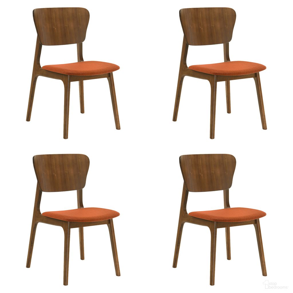 The appearance of Kalia Dining Chair Set of 4 In Walnut and Orange designed by Armen Living in the transitional interior design. This walnut/orange piece of furniture  was selected by 1StopBedrooms from Kalia Collection to add a touch of cosiness and style into your home. Sku: LCKACHWAOR;LCKACHWAOR. Material: Fabric. Chair Type: Side Chair.