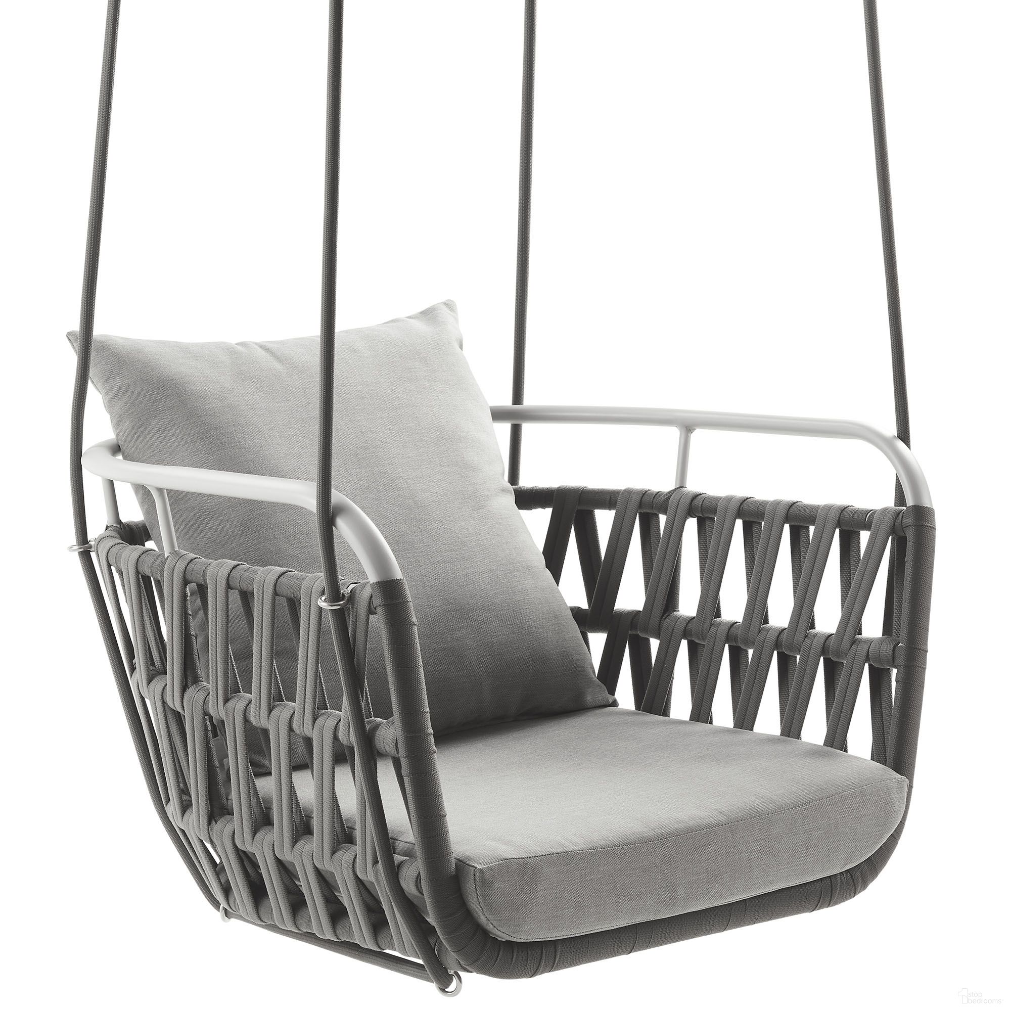 The appearance of Kaliah Outdoor Patio Aluminum Swing Chair In Light Gray and White designed by Modway in the modern / contemporary interior design. This white and light gray piece of furniture was selected by 1StopBedrooms from Kaliah Collection to add a touch of cosiness and style into your home. Sku: EEI-6949-LGR-WHI. Material: Aluminum.