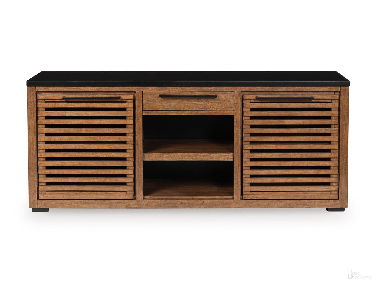 The appearance of Kallari Credenza In Warm Brown and Black designed by Signature Design by Ashley in the transitional interior design. This warm brown/black piece of furniture was selected by 1StopBedrooms from Kallari Collection to add a touch of cosiness and style into your home. Sku: H737-60. Material: Wood.