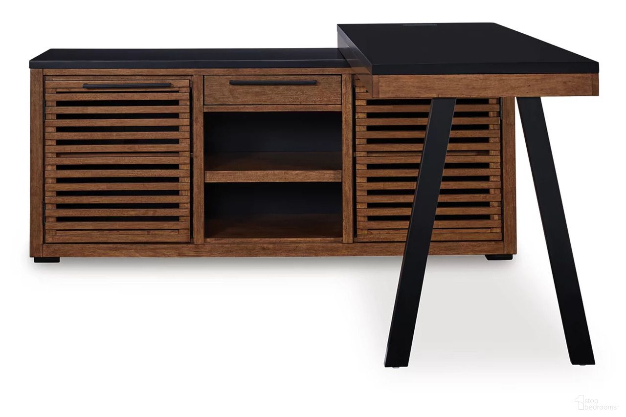 The appearance of Kallari Credenza with Desk Return In Warm Brown and Black designed by Signature Design by Ashley in the transitional interior design. This warm brown/black piece of furniture was selected by 1StopBedrooms from Kallari Collection to add a touch of cosiness and style into your home. Sku: H737-60;H737-60R.