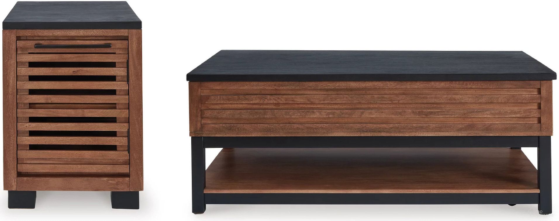 The appearance of Kallari Lift-Top Coffee Occasional Table Set In Warm Brown and Black designed by Signature Design by Ashley in the transitional interior design. This warm brown/black piece of furniture was selected by 1StopBedrooms from Kallari Collection to add a touch of cosiness and style into your home. Sku: T737-9;T737-7. Material: Wood.