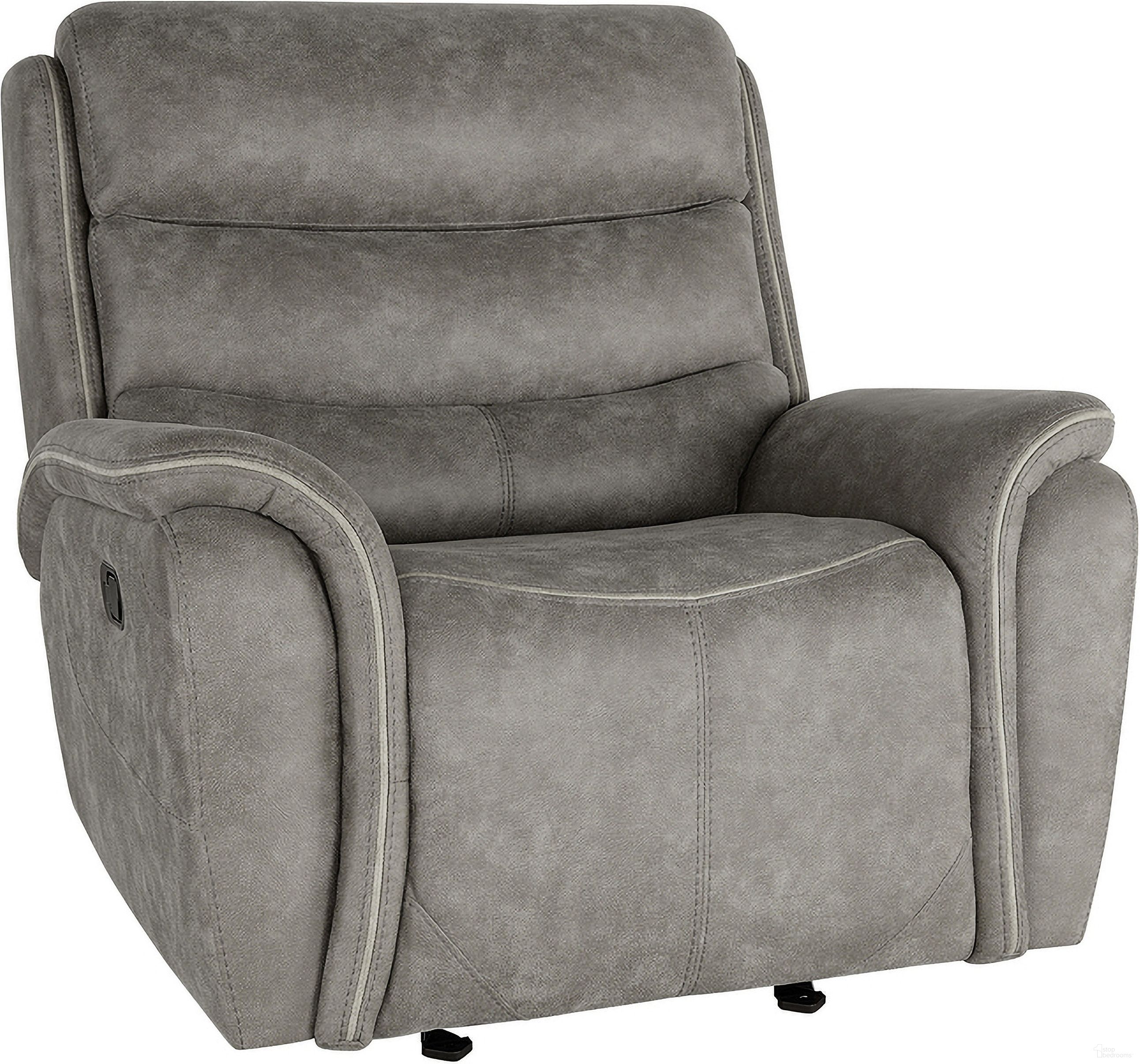 The appearance of Kamari Glider Recliner In Gray designed by New Classic in the modern / contemporary interior design. This gray piece of furniture was selected by 1StopBedrooms from Kamari Collection to add a touch of cosiness and style into your home. Sku: U092-13-GRY. Material: Fabric.