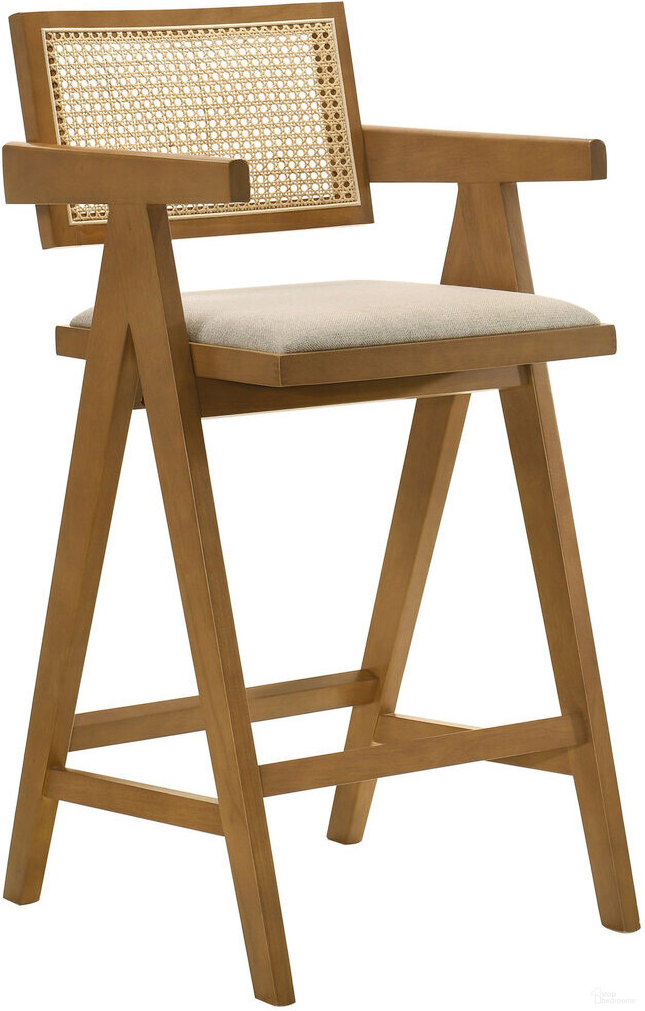 The appearance of Kane Solid Wood Bar Stool with Woven Rattan Back and Upholstered Seat Light Walnut Set of 2 designed by Coaster in the transitional interior design. This light walnut piece of furniture  was selected by 1StopBedrooms from Kane Collection to add a touch of cosiness and style into your home. Sku: 182677. Material: Wood.