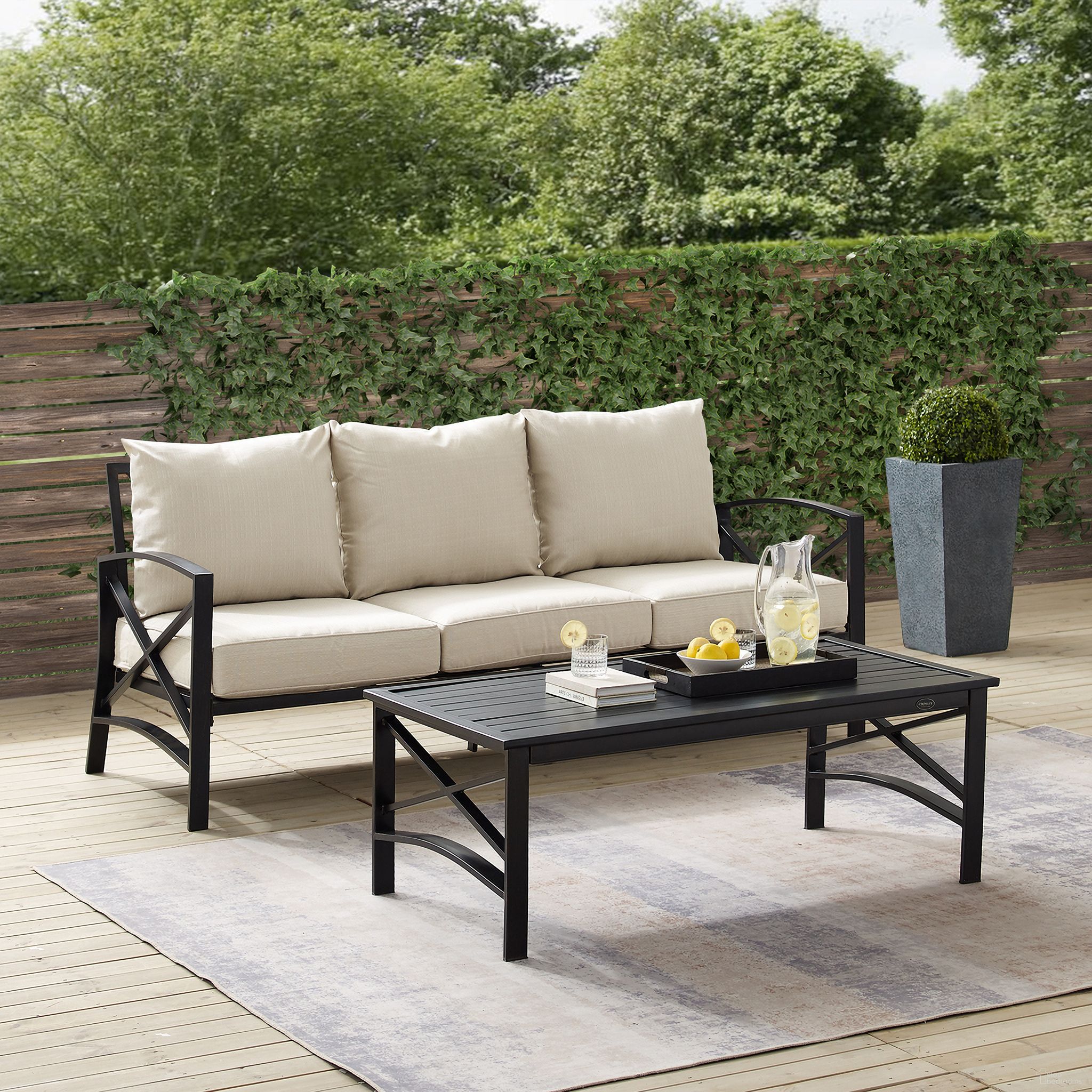 The appearance of Kaplan 2 Piece Outdoor Sofa Patio Furniture Set In Oatmeal and Oil Rubbed Bronze designed by Crosley Brands in the traditional interior design. This oatmeal piece of furniture was selected by 1StopBedrooms from Kaplan Collection to add a touch of cosiness and style into your home. Sku: CO6111-BZ-2OF2;CO6111-BZ-1OF2;CO6207-BZ;MO74942-OL. Material: Steel.