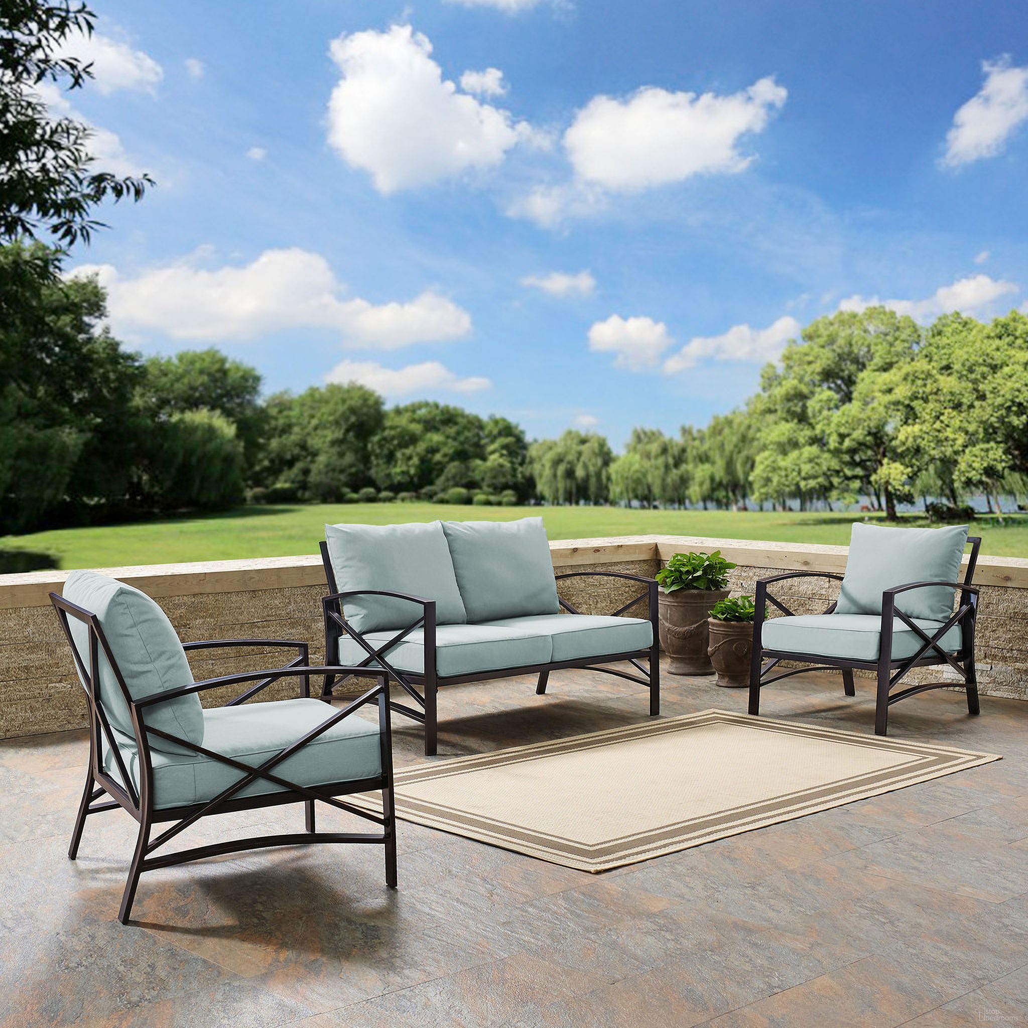 The appearance of Kaplan 3 Piece Outdoor Loveseat Patio Furniture Set In Mist and Oil Rubbed Bronze designed by Crosley Brands in the traditional interior design. This mist piece of furniture was selected by 1StopBedrooms from Kaplan Collection to add a touch of cosiness and style into your home. Sku: CO6110-BZ;CO6109-BZ;CO6109-BZ;MO74937-MI. Material: Steel.