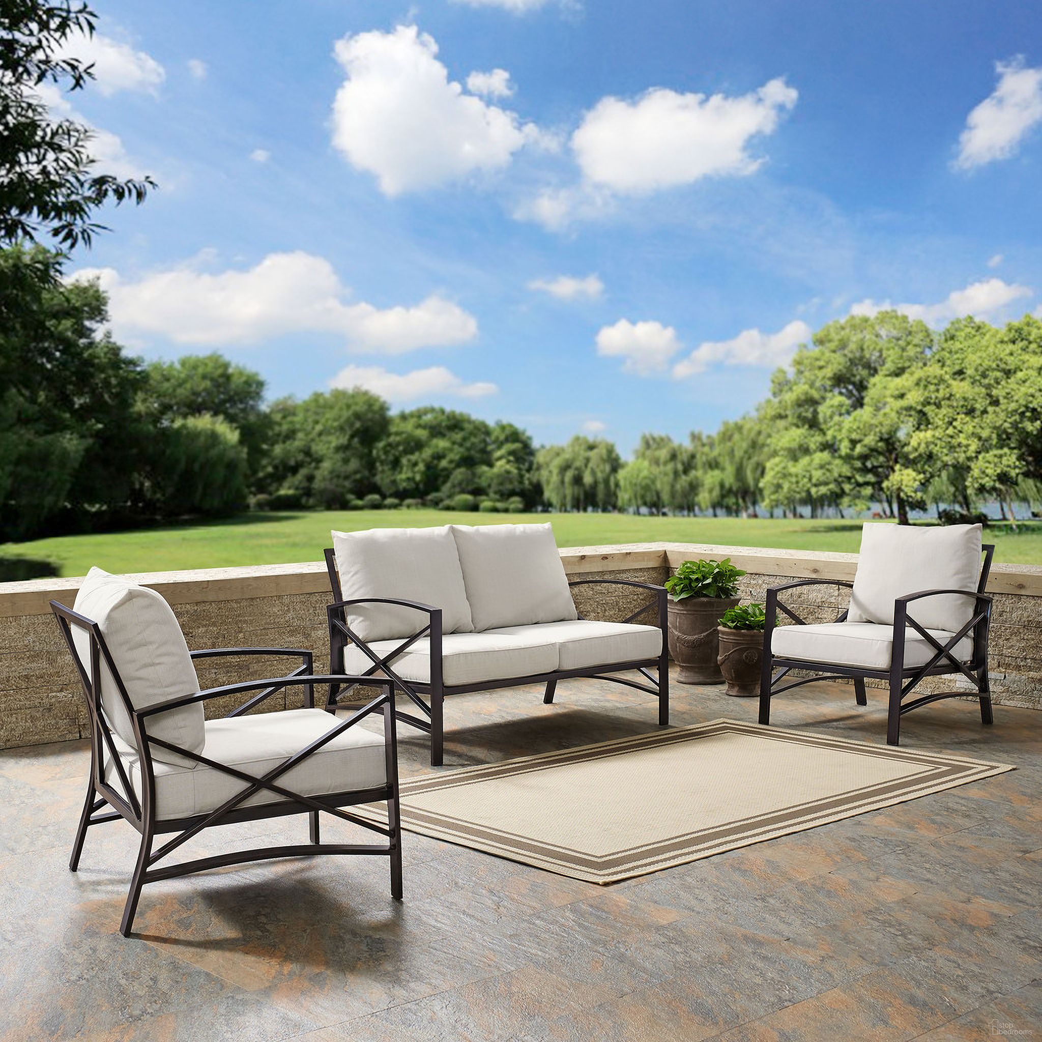 The appearance of Kaplan 3 Piece Outdoor Loveseat Patio Furniture Set In Oatmeal and Oil Rubbed Bronze designed by Crosley Brands in the traditional interior design. This oatmeal piece of furniture was selected by 1StopBedrooms from Kaplan Collection to add a touch of cosiness and style into your home. Sku: CO6110-BZ;CO6109-BZ;CO6109-BZ;MO74937-OL. Material: Steel.