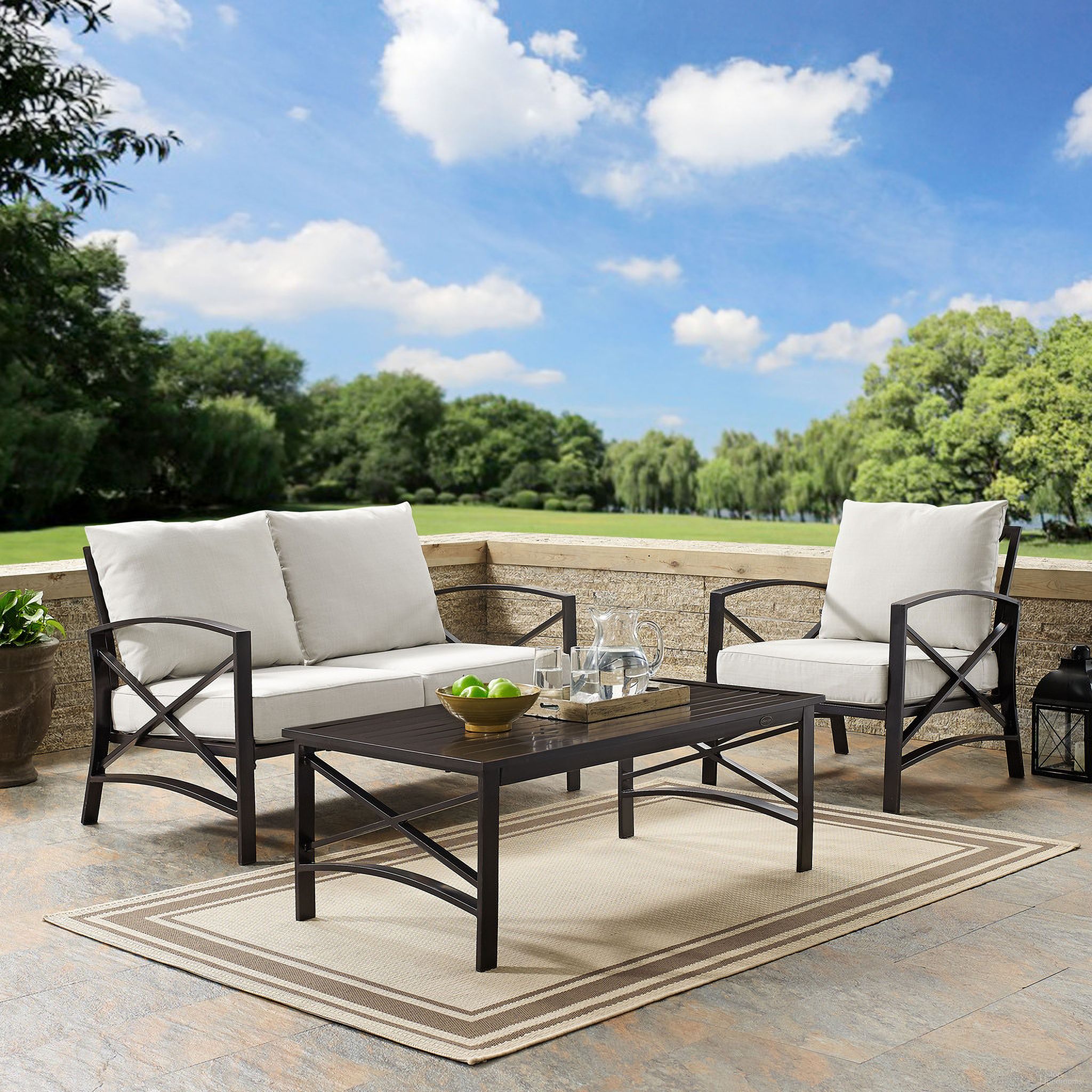 The appearance of Kaplan 3 Piece Outdoor Loveseat Patio Furniture Set In Oatmeal and Oil Rubbed Bronze designed by Crosley Brands in the traditional interior design. This oatmeal piece of furniture  was selected by 1StopBedrooms from Kaplan Collection to add a touch of cosiness and style into your home. Sku: CO6110-BZ;CO6109-BZ;CO6207-BZ;MO74942-OL. Material: Steel.