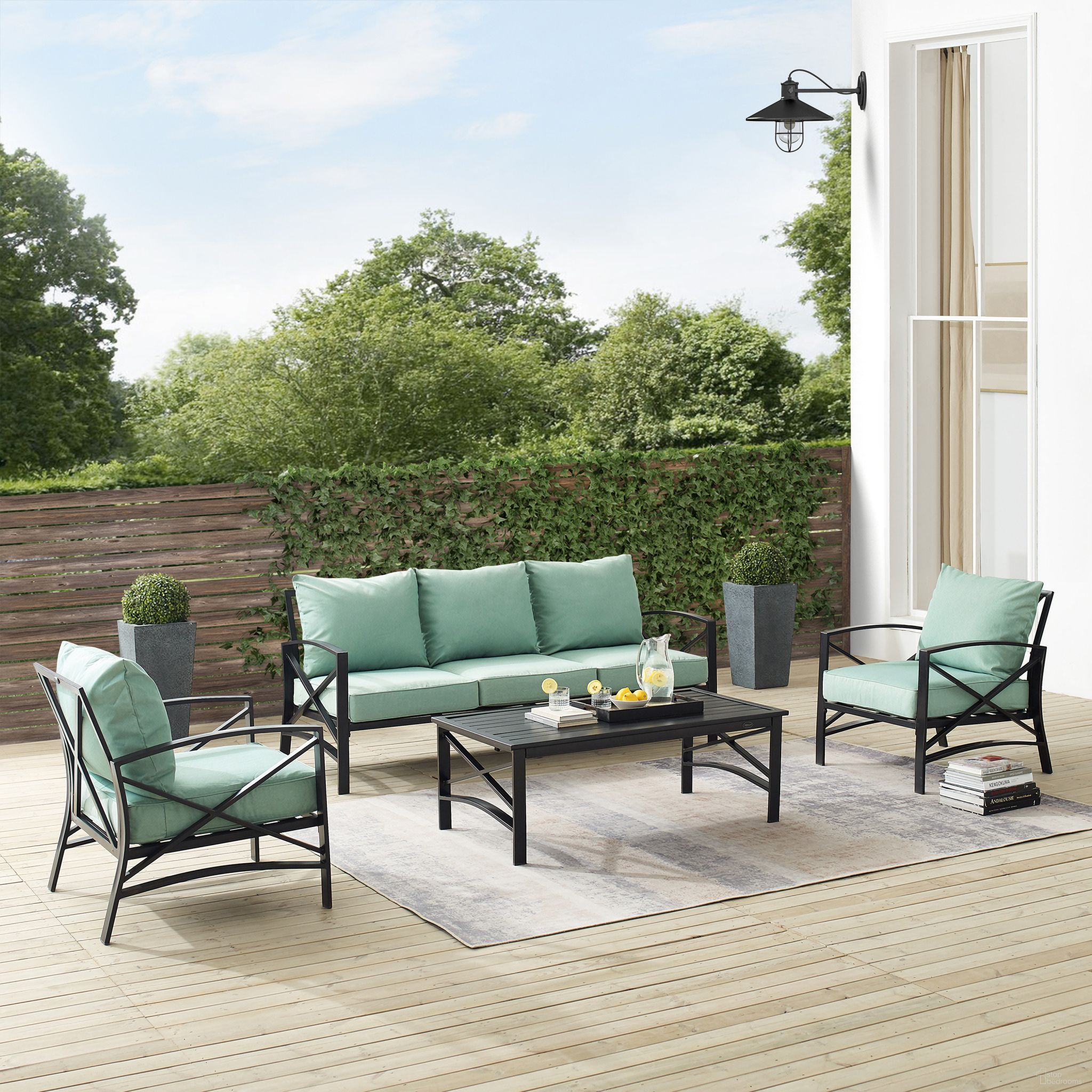 The appearance of Kaplan 4 Piece Outdoor Sofa Patio Furniture Set In Mist and Oil Rubbed Bronze designed by Crosley Brands in the traditional interior design. This mist piece of furniture  was selected by 1StopBedrooms from Kaplan Collection to add a touch of cosiness and style into your home. Sku: CO6111-BZ-2OF2;CO6111-BZ-1OF2;CO6109-BZ;CO6109-BZ;CO6207-BZ;MO74953-MI. Material: Steel.