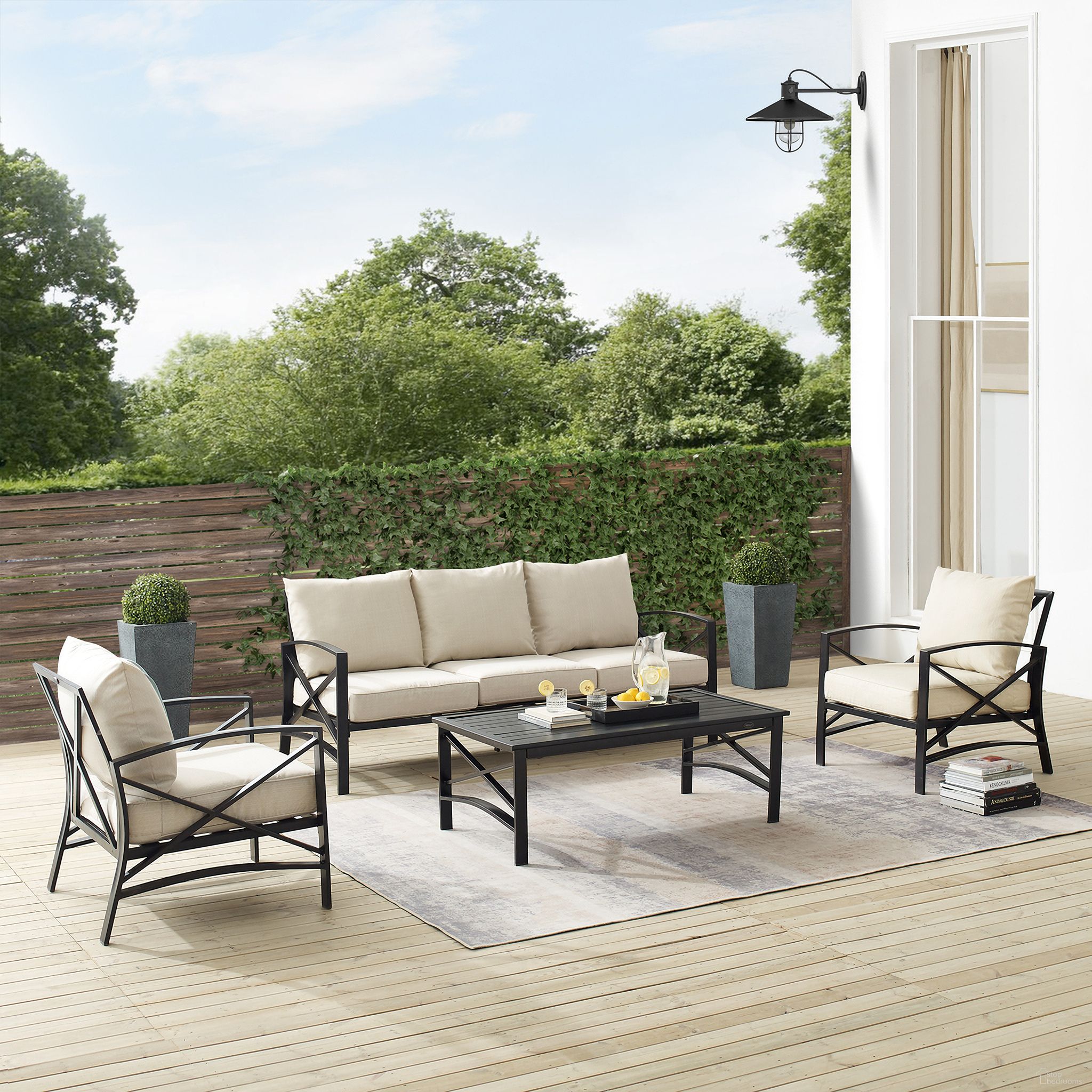 The appearance of Kaplan 4 Piece Outdoor Sofa Patio Furniture Set In Oatmeal and Oil Rubbed Bronze designed by Crosley Brands in the traditional interior design. This oatmeal piece of furniture was selected by 1StopBedrooms from Kaplan Collection to add a touch of cosiness and style into your home. Sku: CO6111-BZ-2OF2;CO6111-BZ-1OF2;CO6109-BZ;CO6109-BZ;CO6207-BZ;MO74953-OL. Material: Steel.