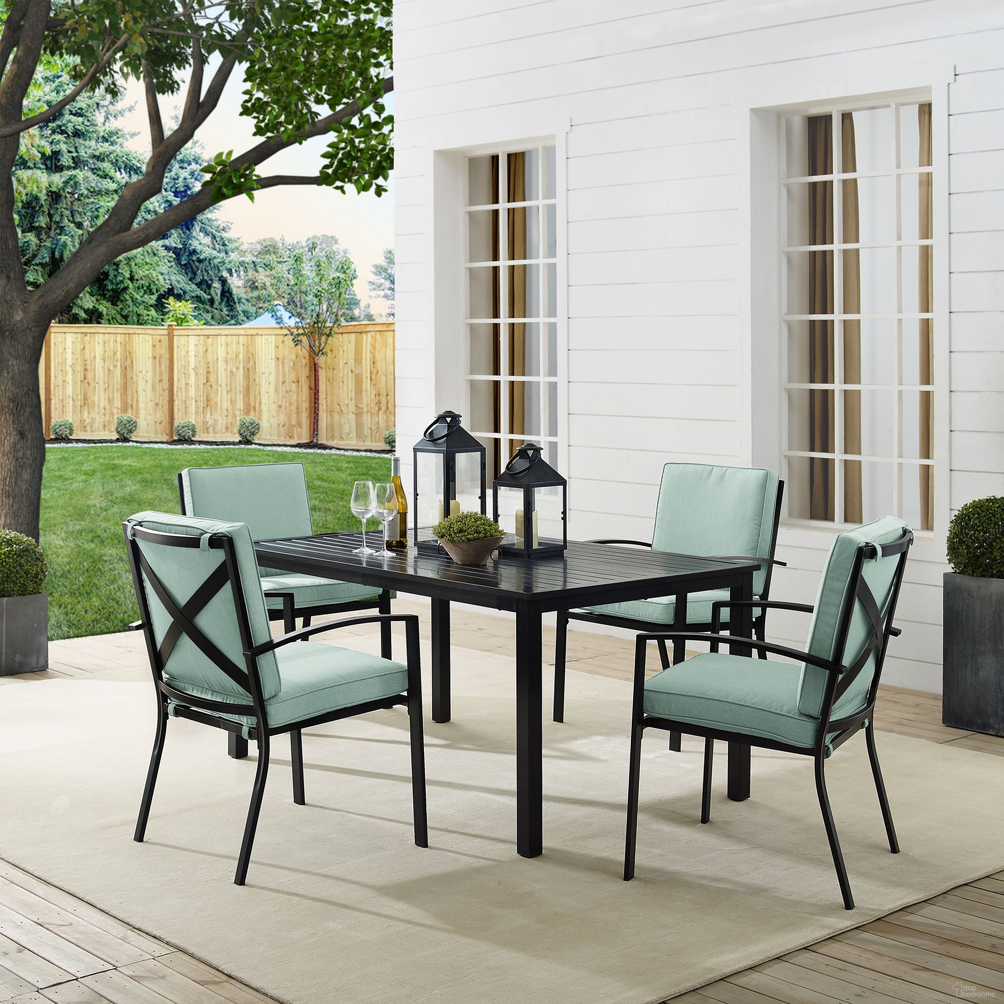 The appearance of Kaplan 5 Piece Outdoor Dining Set In Mist and Oil Rubbed Bronze designed by Crosley Brands in the traditional interior design. This mist piece of furniture was selected by 1StopBedrooms from Kaplan Collection to add a touch of cosiness and style into your home. Sku: CO6213-BZ;CO6213-BZ;CO6215-BZ;MO74947-MI. Material: Steel.