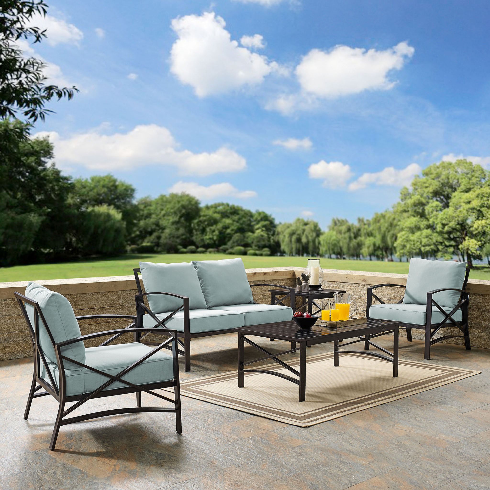 The appearance of Kaplan 5 Piece Outdoor Loveseat Patio Furniture Set In Mist and Oil Rubbed Bronze designed by Crosley Brands in the traditional interior design. This mist piece of furniture was selected by 1StopBedrooms from Kaplan Collection to add a touch of cosiness and style into your home. Sku: CO6110-BZ;CO6109-BZ;CO6109-BZ;CO6207-BZ;CO6208-BZ;MO74943-MI. Material: Steel.
