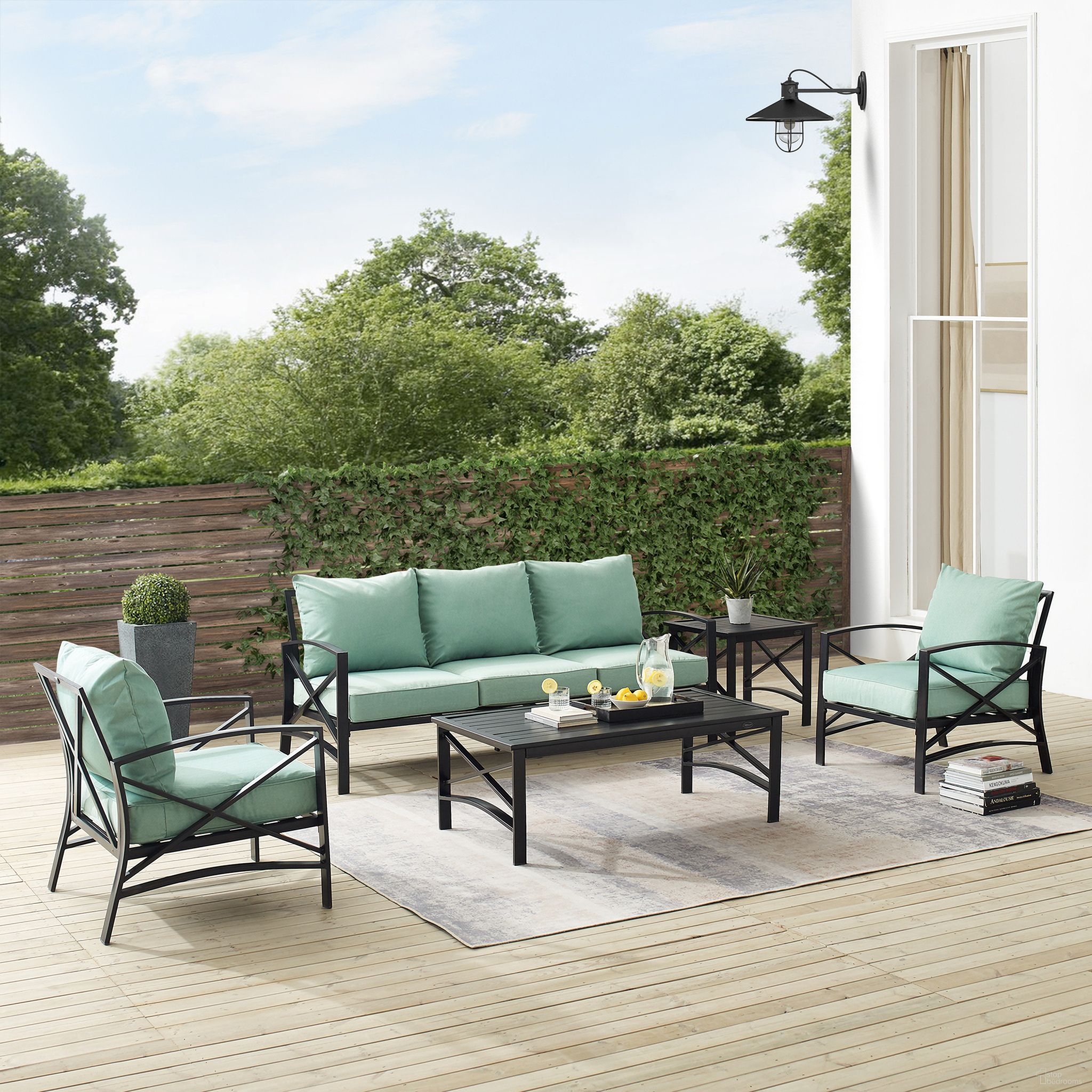 The appearance of Kaplan 5 Piece Outdoor Sofa Patio Furniture Set In Mist and Oil Rubbed Bronze designed by Crosley Brands in the traditional interior design. This mist piece of furniture  was selected by 1StopBedrooms from Kaplan Collection to add a touch of cosiness and style into your home. Sku: CO6111-BZ-2OF2;CO6111-BZ-1OF2;CO6109-BZ;CO6109-BZ;CO6207-BZ;CO6208-BZ;MO74953-MI. Material: Steel.