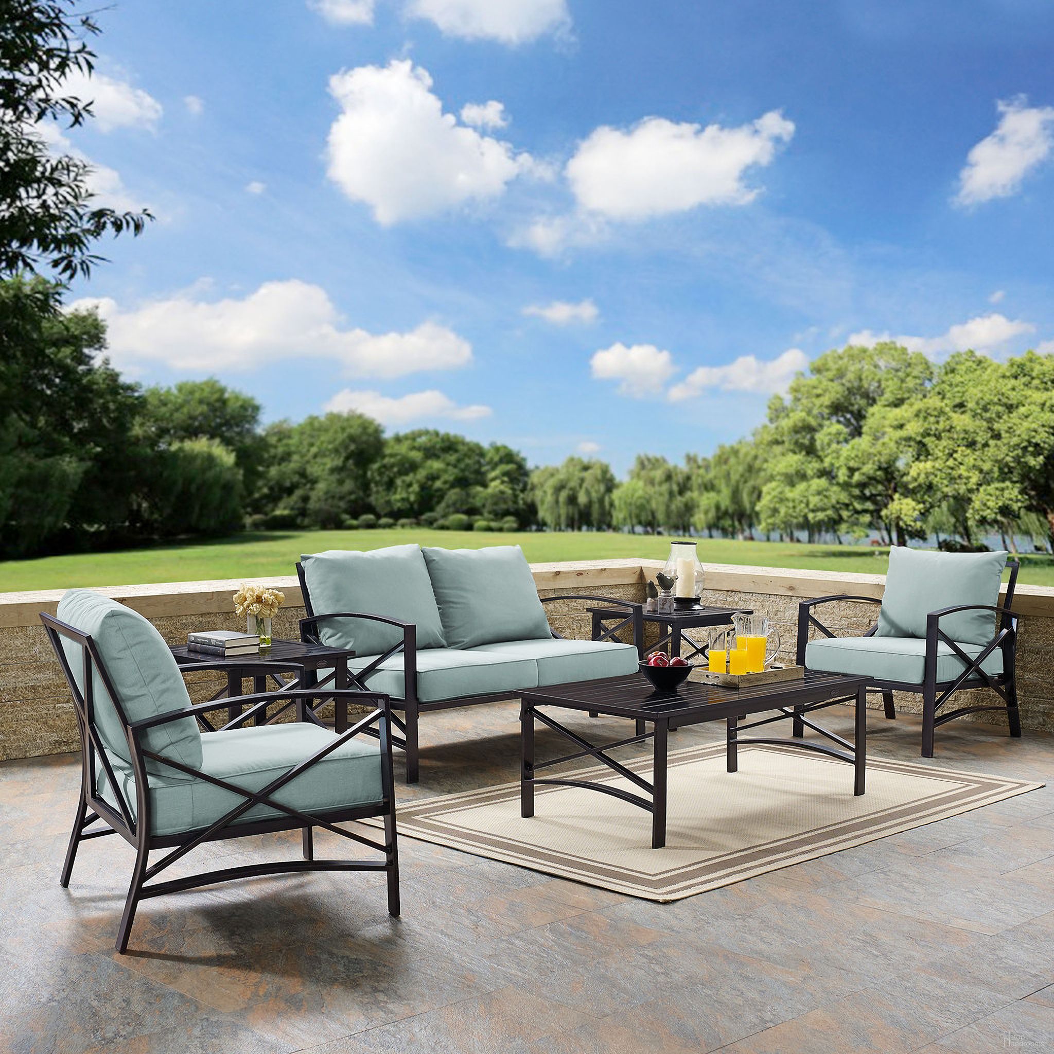 The appearance of Kaplan 6 Piece Outdoor Loveseat Patio Furniture Set In Mist and Oil Rubbed Bronze designed by Crosley Brands in the traditional interior design. This mist piece of furniture  was selected by 1StopBedrooms from Kaplan Collection to add a touch of cosiness and style into your home. Sku: CO6110-BZ;CO6109-BZ;CO6109-BZ;CO6207-BZ;CO6208-BZ;CO6208-BZ;MO74945-MI. Material: Steel.