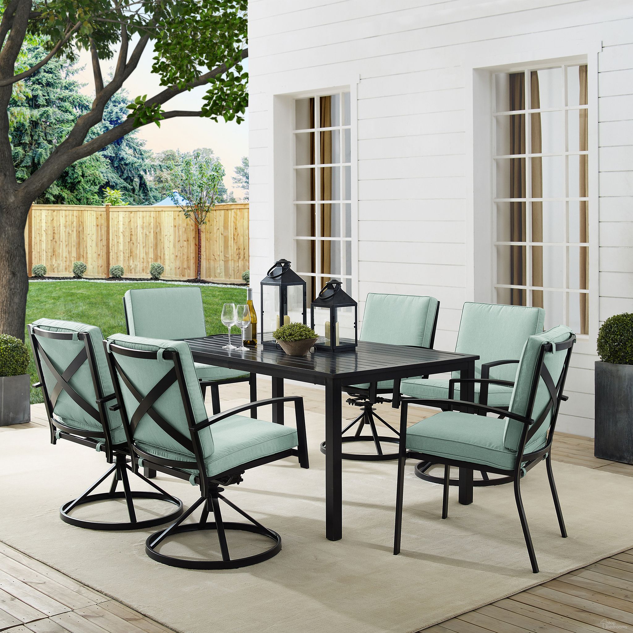 The appearance of Kaplan 7 Piece Outdoor Dining Set In Mist and Oil Rubbed Bronze designed by Crosley Brands in the traditional interior design. This mist piece of furniture  was selected by 1StopBedrooms from Kaplan Collection to add a touch of cosiness and style into your home. Sku: CO6214-BZ;CO6214-BZ;CO6213-BZ;CO6215-BZ;MO74948-MI. Material: Steel.