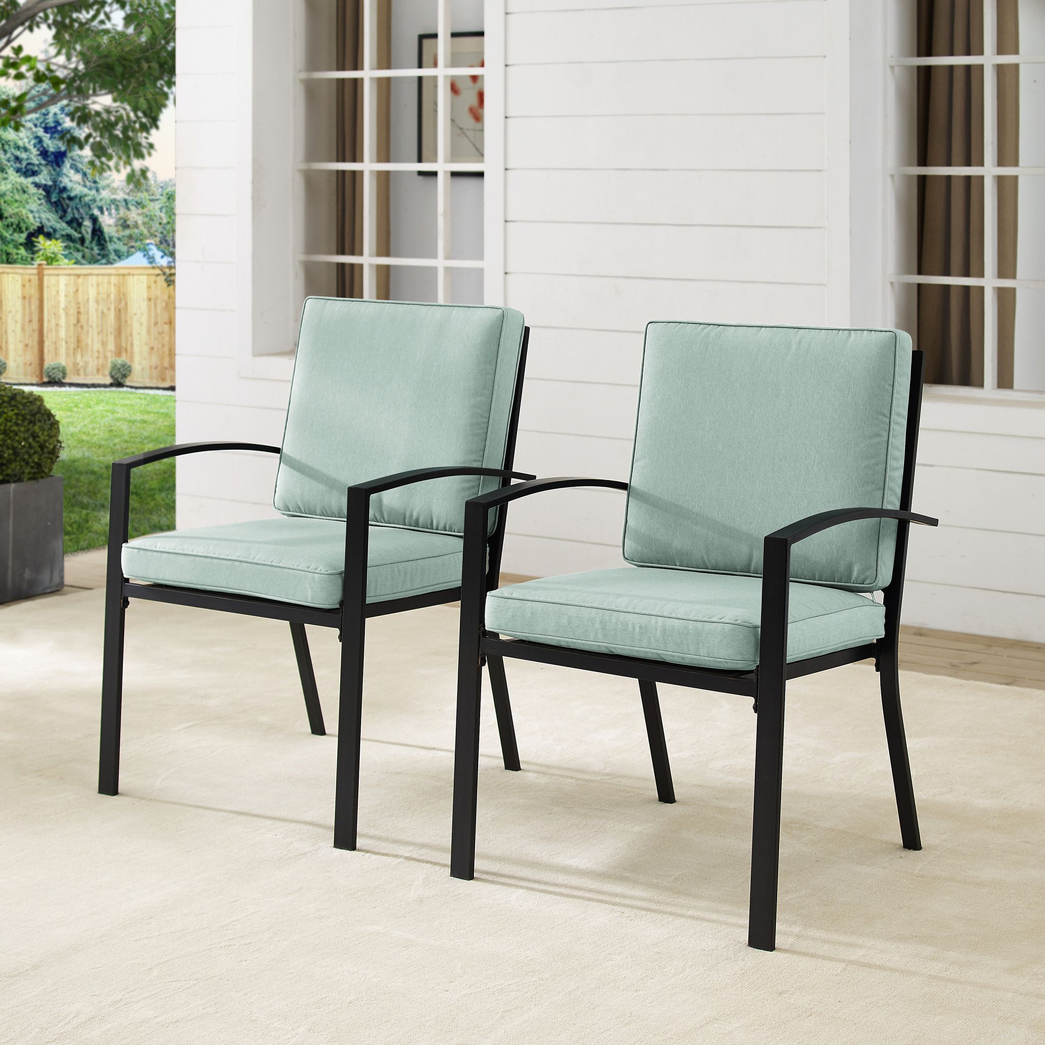 The appearance of Kaplan Outdoor Dining Chair Set of 2 In Mist and Oil Rubbed Bronze designed by Crosley Brands in the traditional interior design. This mist piece of furniture  was selected by 1StopBedrooms from Kaplan Collection to add a touch of cosiness and style into your home. Sku: CO6213-BZ;CO7436-MI. Material: Polyester.