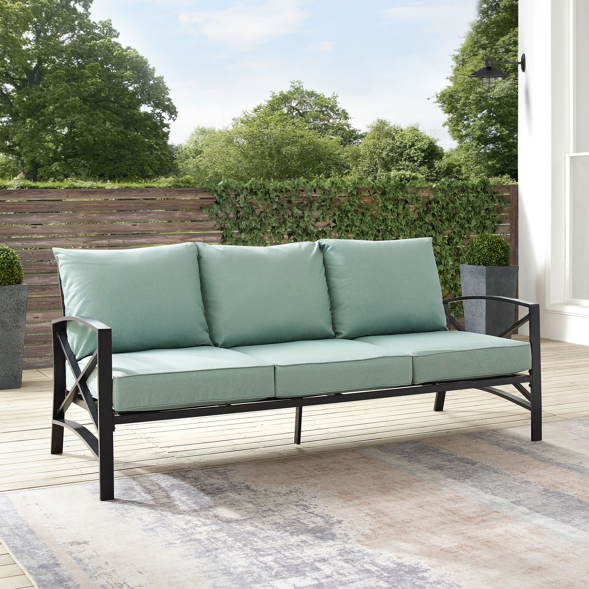 The appearance of Kaplan Outdoor Sofa In Mist and Oil Rubbed Bronze designed by Crosley Brands in the traditional interior design. This mist piece of furniture was selected by 1StopBedrooms from Kaplan Collection to add a touch of cosiness and style into your home. Sku: CO6111-BZ-2OF2;CO6111-BZ-1OF2;MO74942-MI. Material: Steel.
