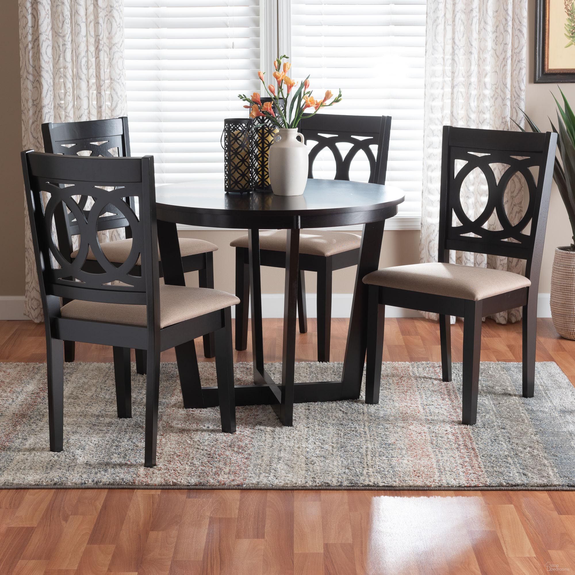 The appearance of Kara Wood 5 Piece Dining Set In Sand and Dark Brown designed by Baxton Studio in the modern / contemporary interior design. This sand and dark brown piece of furniture  was selected by 1StopBedrooms from Kara Collection to add a touch of cosiness and style into your home. Sku: Kara-Sand/Dark Brown-5PC Dining Set. Table Base Style: Pedestal. Table Top Shape: Round. Material: Rubberwood.