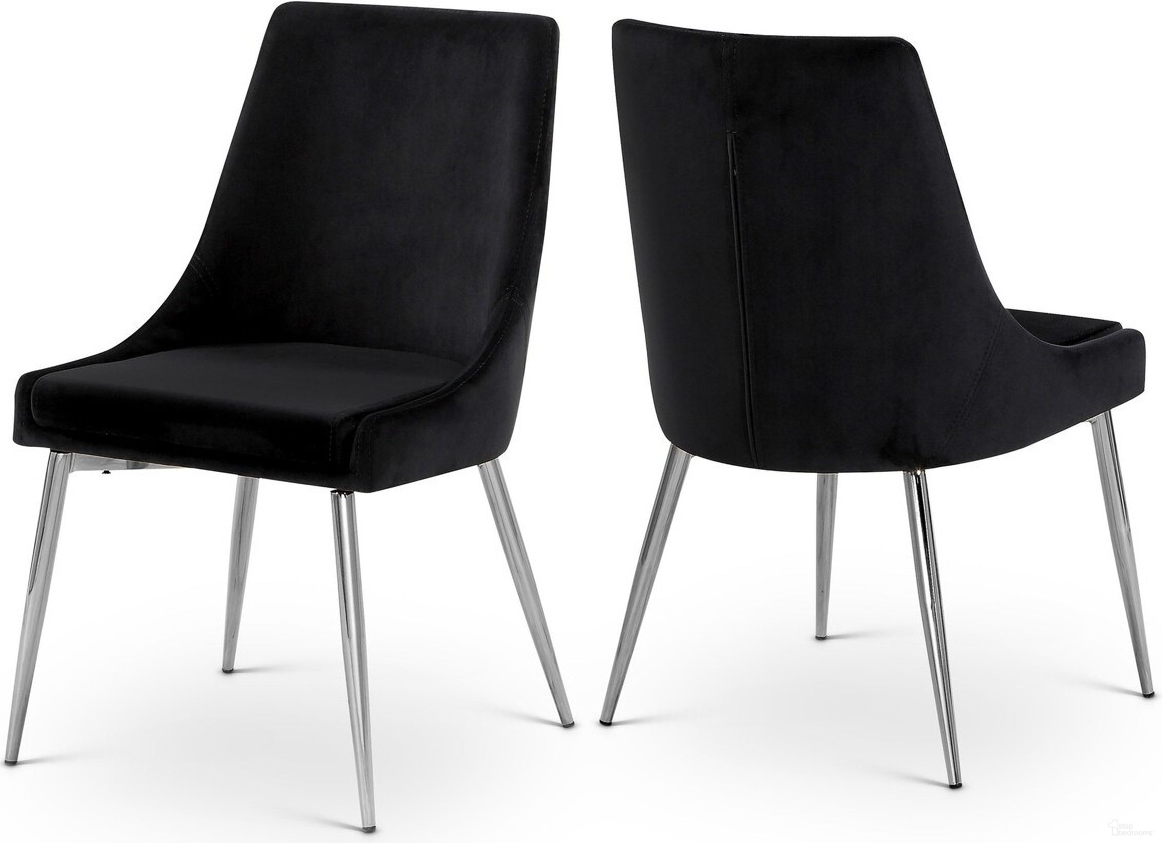 The appearance of Karina Velvet Dining Chair Set of 2 In Black/Chrome designed by Meridian in the modern / contemporary interior design. This black piece of furniture was selected by 1StopBedrooms from Karina Collection to add a touch of cosiness and style into your home. Sku: 784Black-C. Material: Velvet. Chair Type: Side Chair.