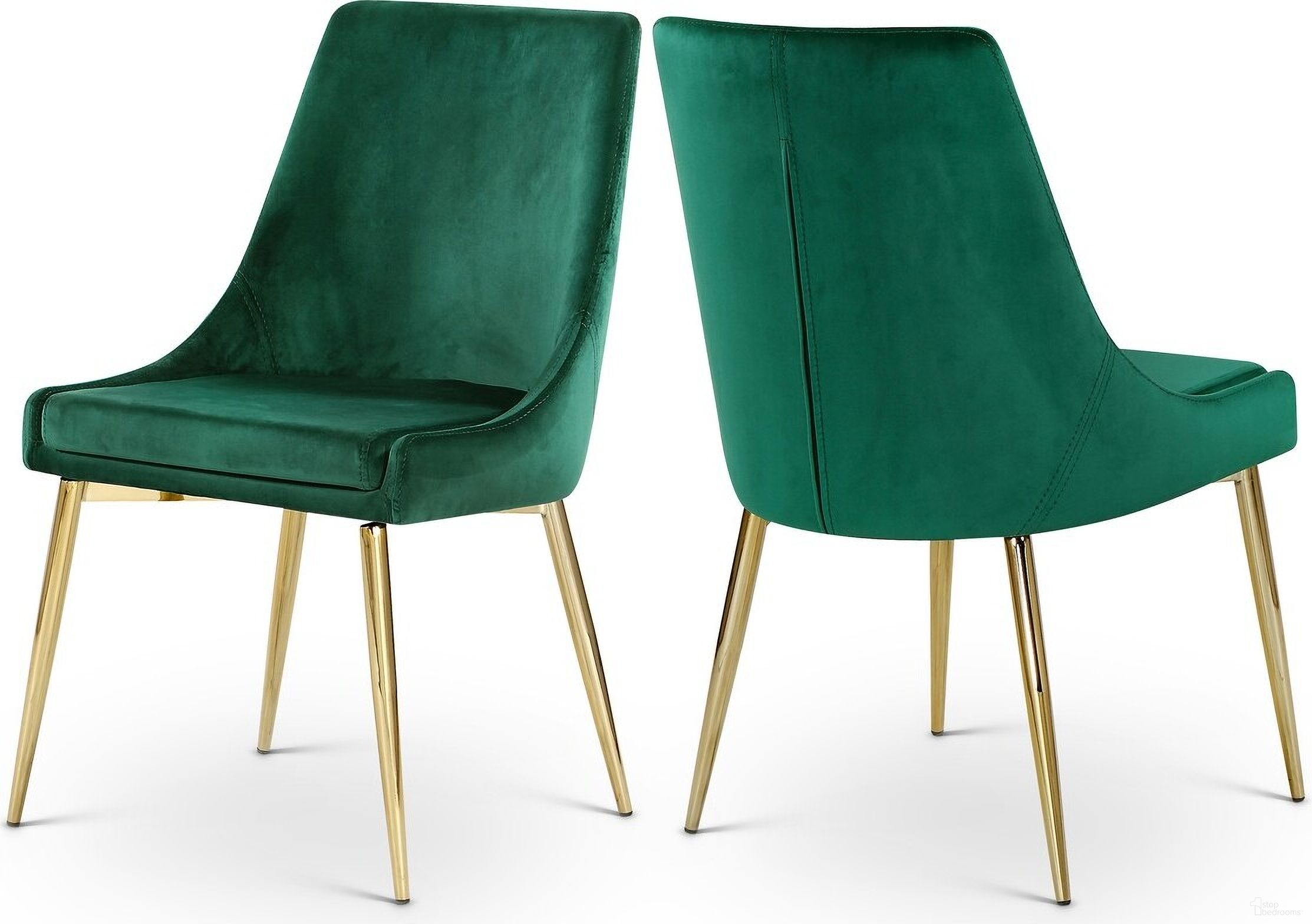 The appearance of Karina Velvet Dining Chair Set of 2 In Green designed by Meridian in the modern / contemporary interior design. This green piece of furniture was selected by 1StopBedrooms from Karina Collection to add a touch of cosiness and style into your home. Sku: 783Green-C. Material: Velvet. Chair Type: Side Chair.