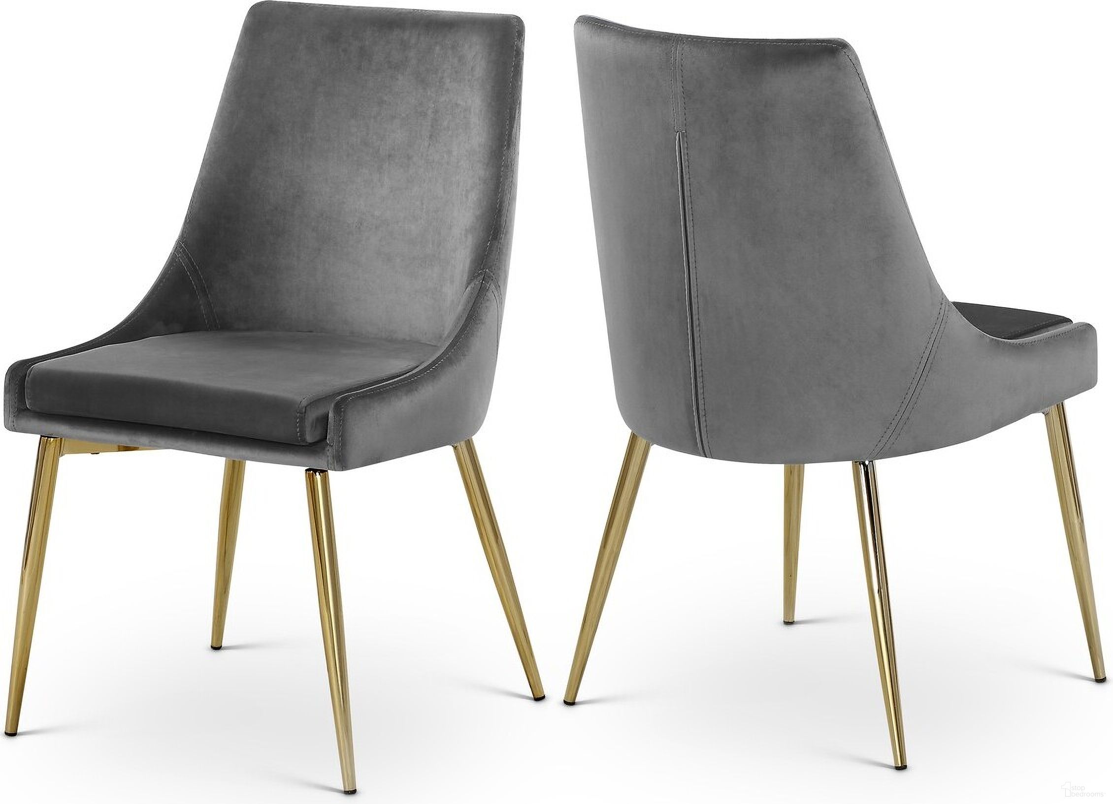 The appearance of Karina Velvet Dining Chair Set of 2 In Grey/Gold designed by Meridian in the modern / contemporary interior design. This grey piece of furniture was selected by 1StopBedrooms from Karina Collection to add a touch of cosiness and style into your home. Sku: 783Grey-C. Material: Velvet. Chair Type: Side Chair.