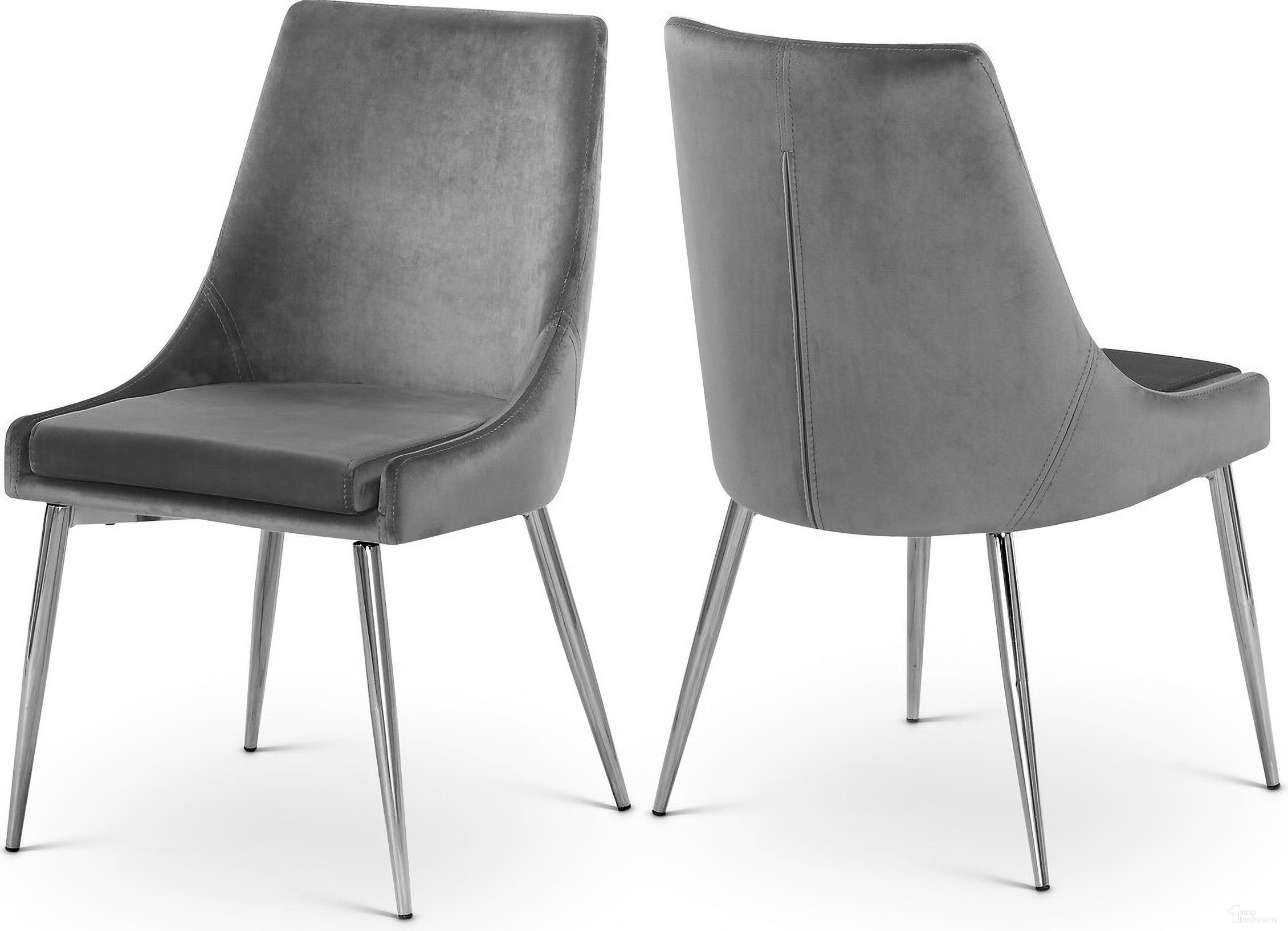 The appearance of Karina Velvet Dining Chair Set of 2 In Grey/Chrome designed by Meridian in the modern / contemporary interior design. This grey piece of furniture was selected by 1StopBedrooms from Karina Collection to add a touch of cosiness and style into your home. Sku: 784Grey-C. Material: Velvet. Chair Type: Side Chair.