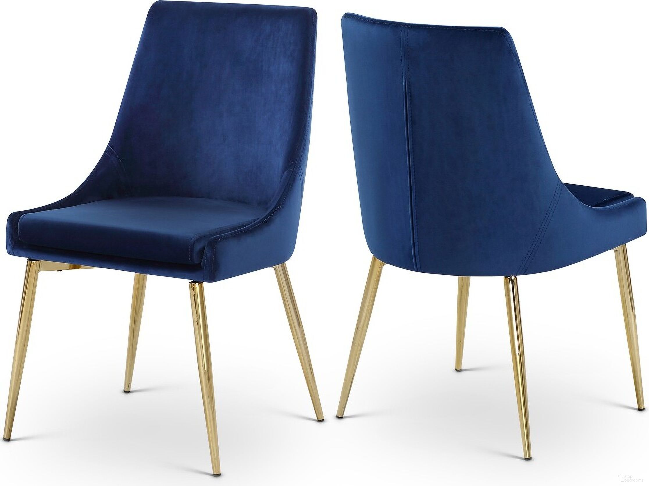 The appearance of Karina Velvet Dining Chair Set of 2 In Navy/Gold designed by Meridian in the modern / contemporary interior design. This navy piece of furniture was selected by 1StopBedrooms from Karina Collection to add a touch of cosiness and style into your home. Sku: 783Navy-C. Material: Velvet. Chair Type: Side Chair.