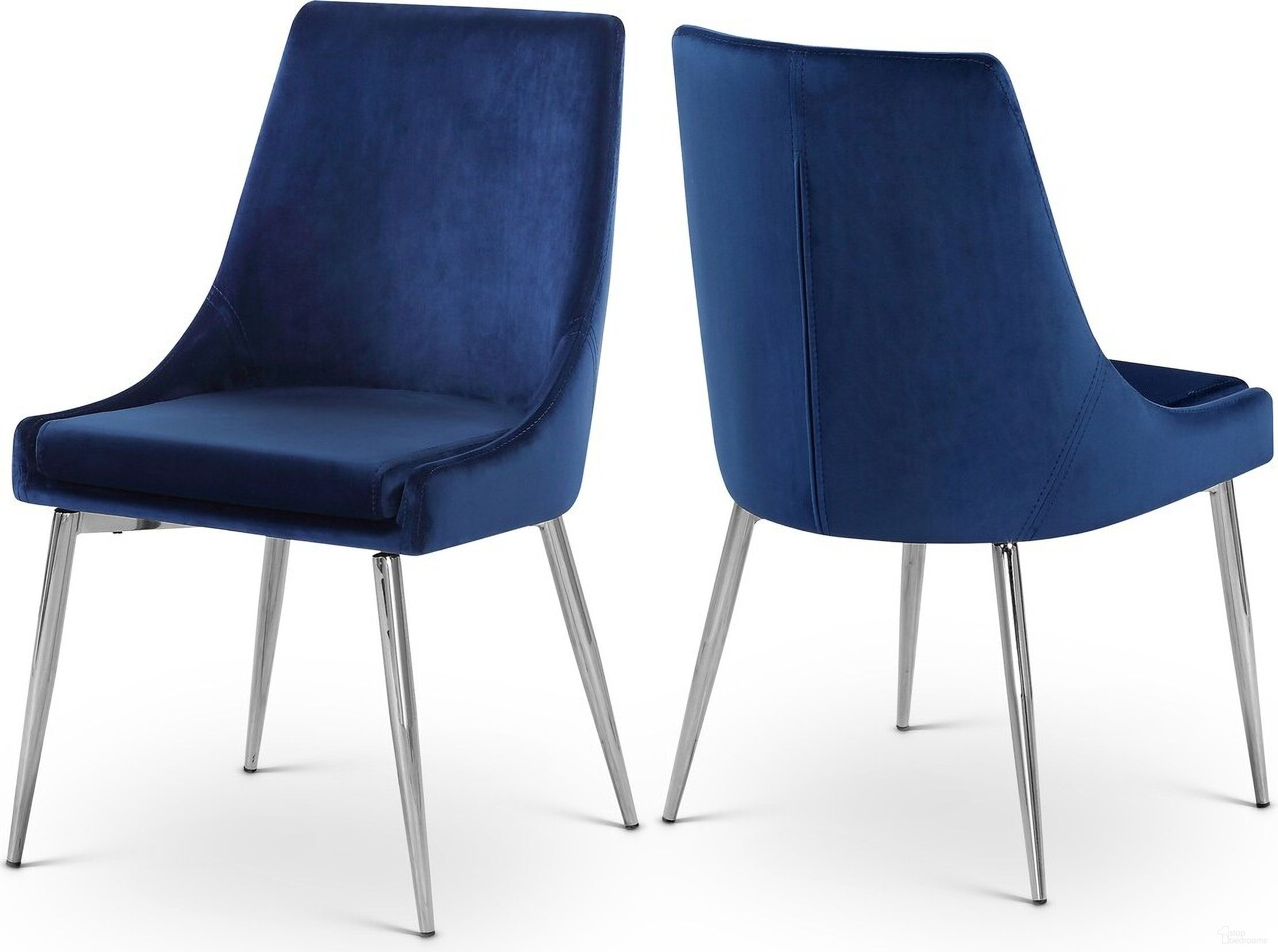 The appearance of Karina Velvet Dining Chair Set of 2 In Navy/Chrome designed by Meridian in the modern / contemporary interior design. This navy piece of furniture  was selected by 1StopBedrooms from Karina Collection to add a touch of cosiness and style into your home. Sku: 784Navy-C. Material: Velvet. Chair Type: Side Chair.