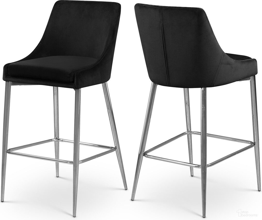 The appearance of Karina Velvet Stool Set of 2 In Black/Chrome designed by Meridian in the modern / contemporary interior design. This black piece of furniture was selected by 1StopBedrooms from Karina Collection to add a touch of cosiness and style into your home. Sku: 790Black-C. Material: Velvet.
