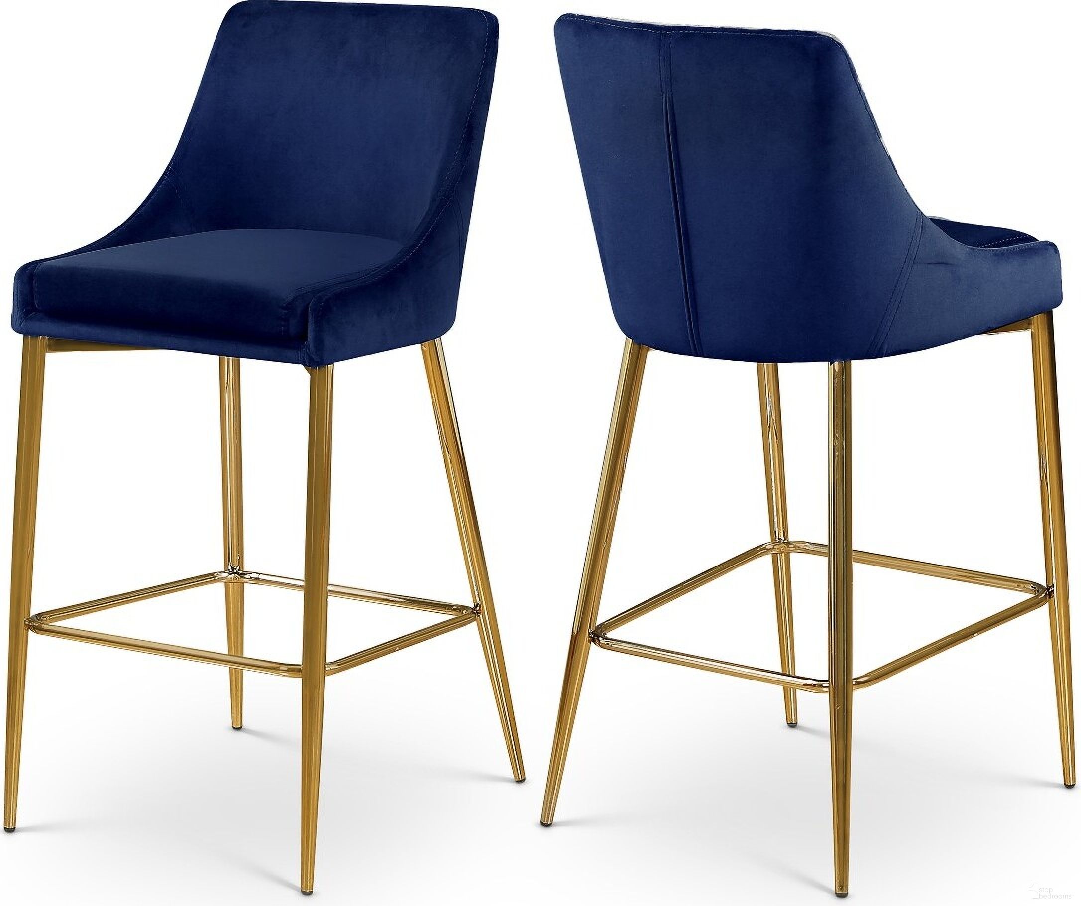 The appearance of Karina Velvet Stool Set of 2 In Navy/Gold designed by Meridian in the modern / contemporary interior design. This navy piece of furniture was selected by 1StopBedrooms from Karina Collection to add a touch of cosiness and style into your home. Sku: 789Navy-C. Material: Velvet.