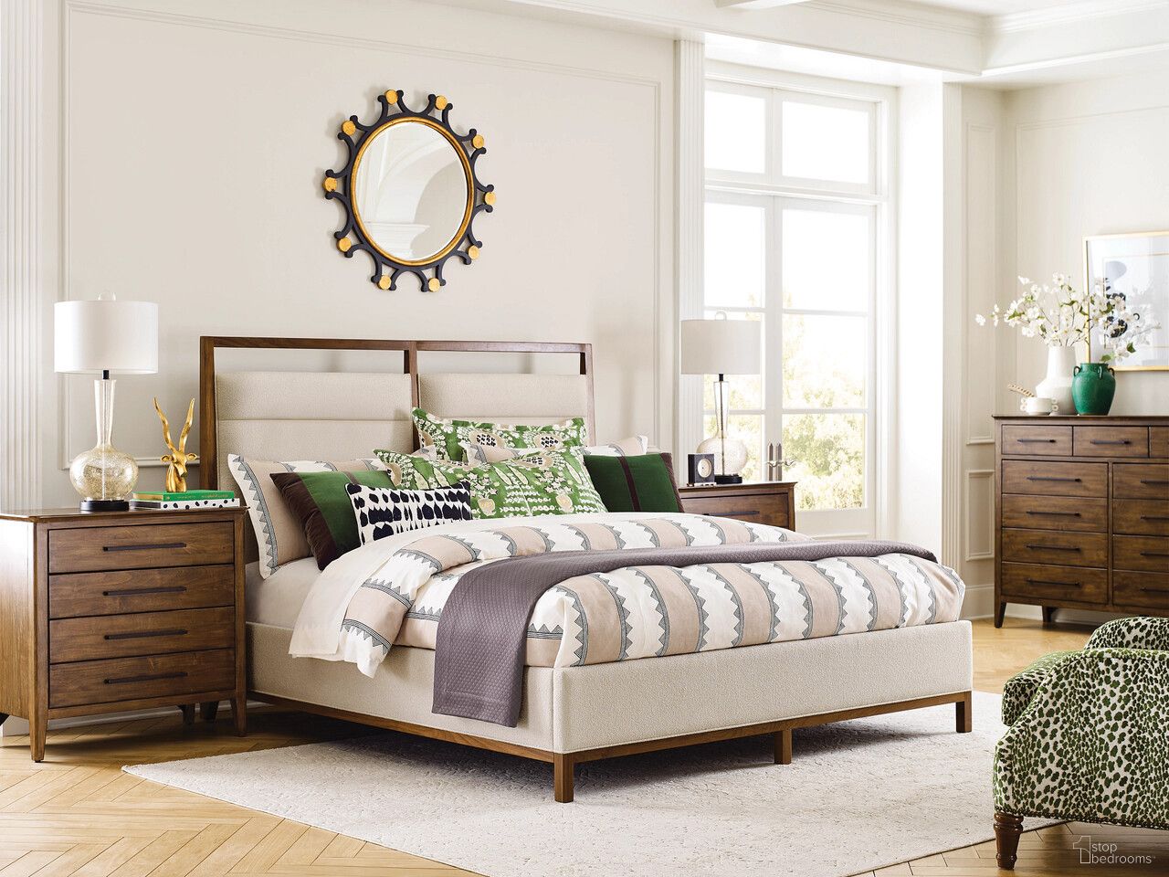 The appearance of Karis Upholstered Bedroom Set In Warm Brunette designed by Kincaid in the transitional interior design. This warm brunette piece of furniture was selected by 1StopBedrooms from Abode Collection to add a touch of cosiness and style into your home. Sku: 269-313;269-314;269-420. Bed Size: Queen. Material: Solid Wood.