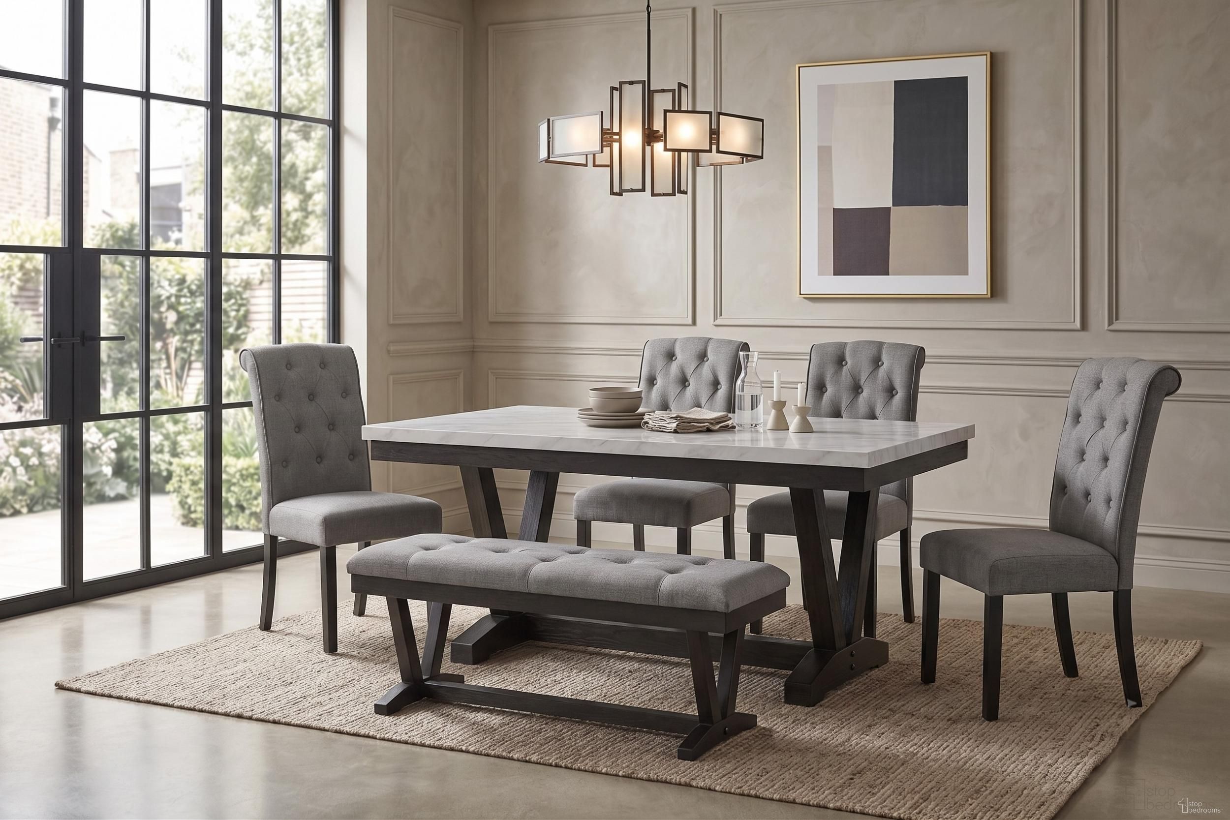 Karol Dining Room Set In Faux Marble Top and Weathered Gray Wood