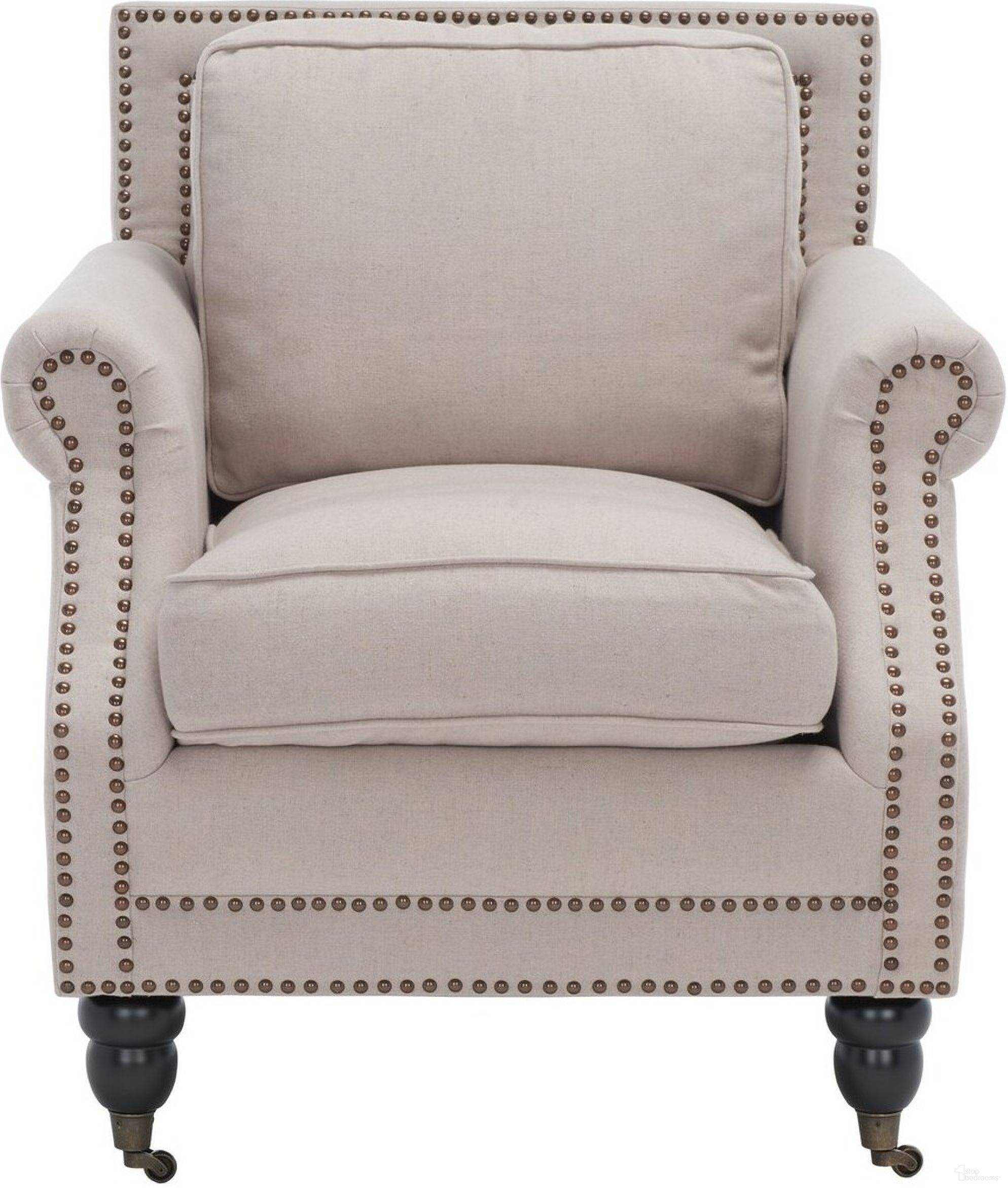 The appearance of Karsen Taupe and Dark Cherry Finish Club Chair with Brass Nailhead Detail designed by Safavieh in the transitional interior design. This taupe piece of furniture was selected by 1StopBedrooms from Karsen Collection to add a touch of cosiness and style into your home. Sku: MCR4534A. Material: Stainless Steel.