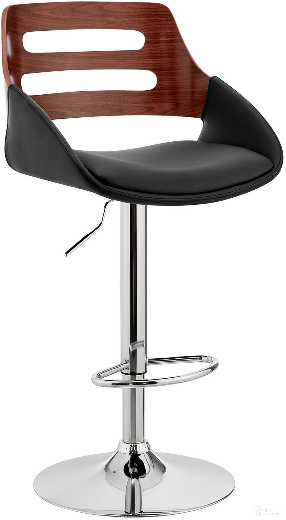 Karter Adjustable Black Faux Leather and Walnut Wood Bar Stool with Chrome Base