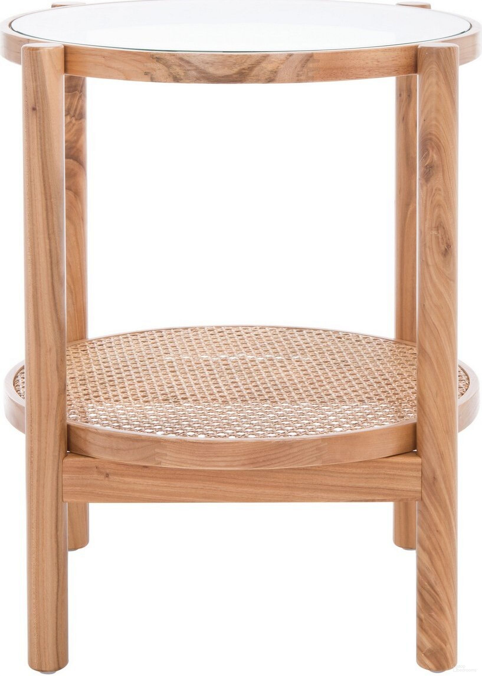 The appearance of Karyna Rattan and Glass Accent Table In Clear and Natural designed by Safavieh Couture in the coastal interior design. This clear/natural piece of furniture  was selected by 1StopBedrooms from Karyna Collection to add a touch of cosiness and style into your home. Sku: SFV2301A. Material: Wood.