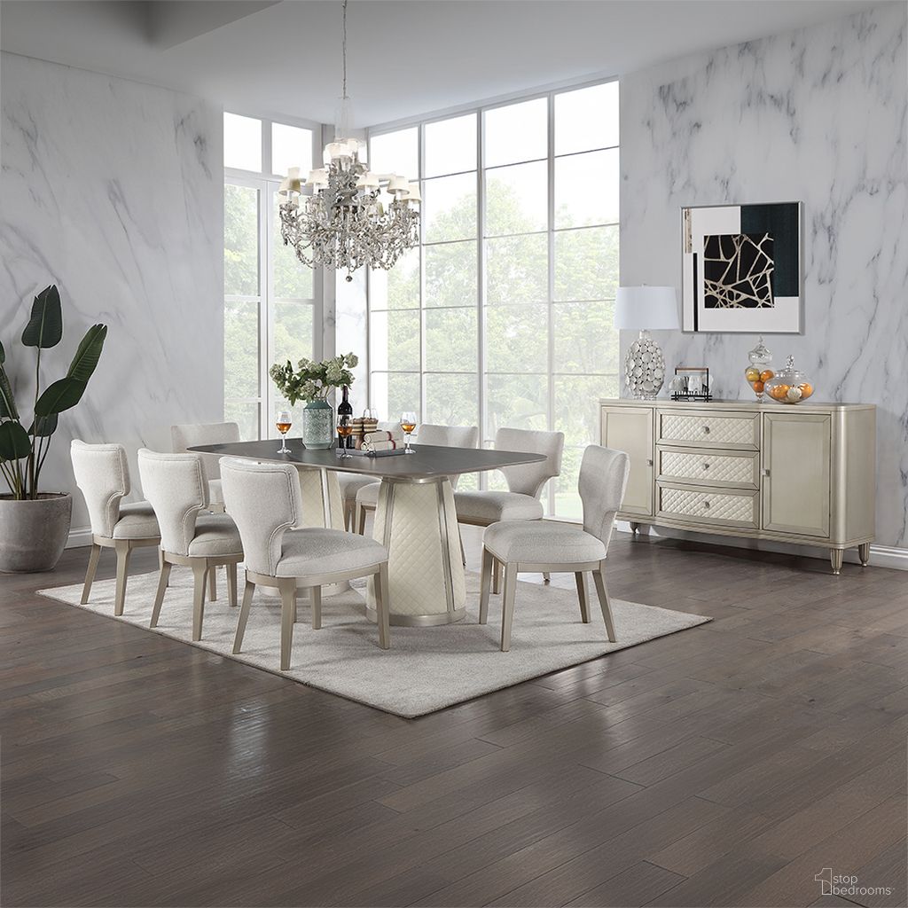 The appearance of Kasa Dining Room Set In Sintered Stone Top and Champagne designed by ACME in the modern / contemporary interior design. This champagne piece of furniture was selected by 1StopBedrooms from Kasa Collection to add a touch of cosiness and style into your home. Sku: DN02011-1;DN02011-2;DN02012. Table Base Style: Double Pedestal. Material: Wood. Table Top Shape: Rectangular. Size: 42" x 82".