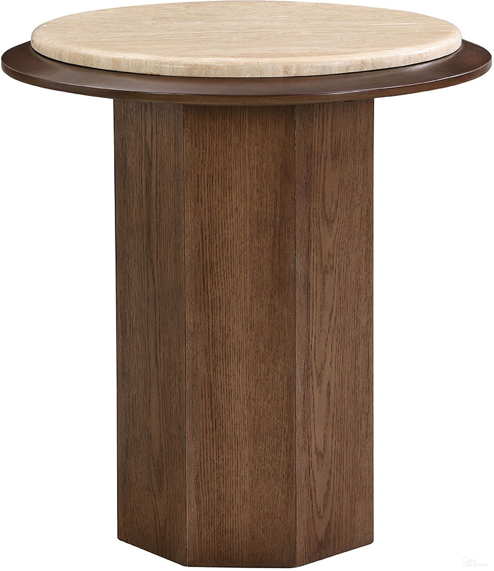 The appearance of Kasha End Table In Travertine and Walnut designed by ACME in the modern / contemporary interior design. This travertine/walnut piece of furniture  was selected by 1StopBedrooms from Kasha Collection to add a touch of cosiness and style into your home. Sku: LV03326-1;LV03326-2. Material: Wood.
