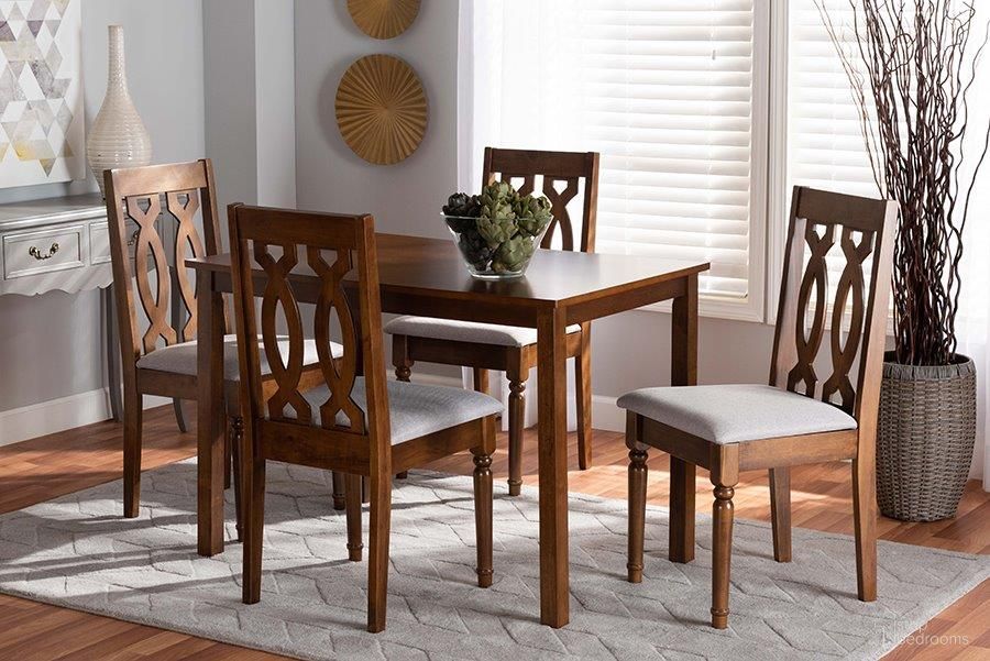 Kasia Modern and Contemporary Grey Fabric Upholstered and Walnut Brown Finished Wood 5-Piece Dining Set