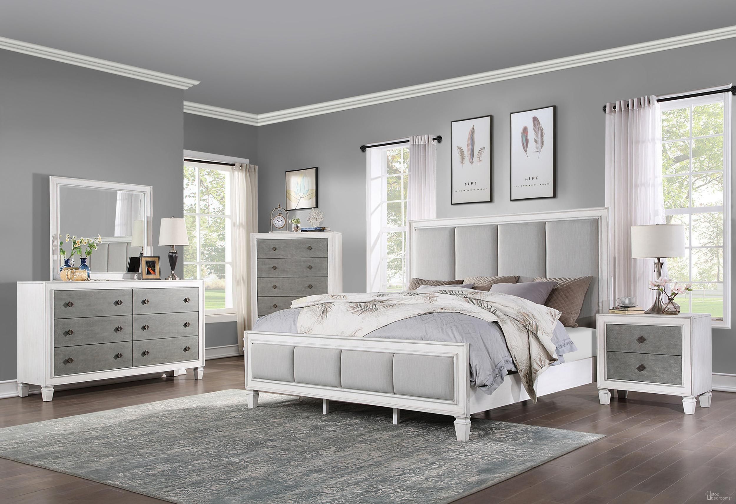 Katia Bedroom Set In Gray Linen And White Finish