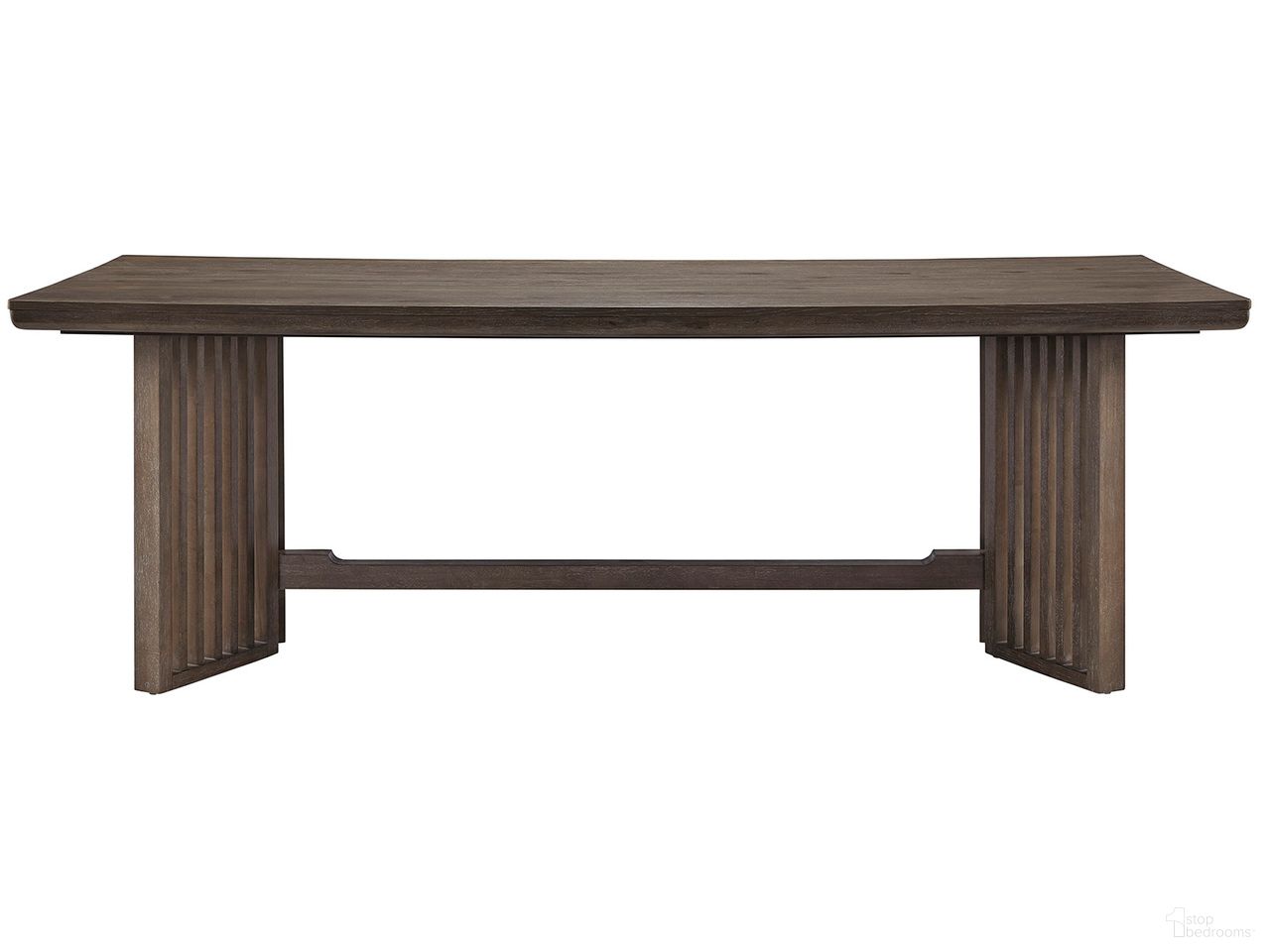 The appearance of Kavanaugh Trestle Dining Table In Weathered Kona Brown designed by Magnussen in the transitional interior design. This weathered kona brown piece of furniture  was selected by 1StopBedrooms from Kavanaugh Collection to add a touch of cosiness and style into your home. Sku: D5612-21. Table Base Style: Trestle. Table Top Shape: Rectangular. Size: 90" x 40". Material: Oak Veneer.