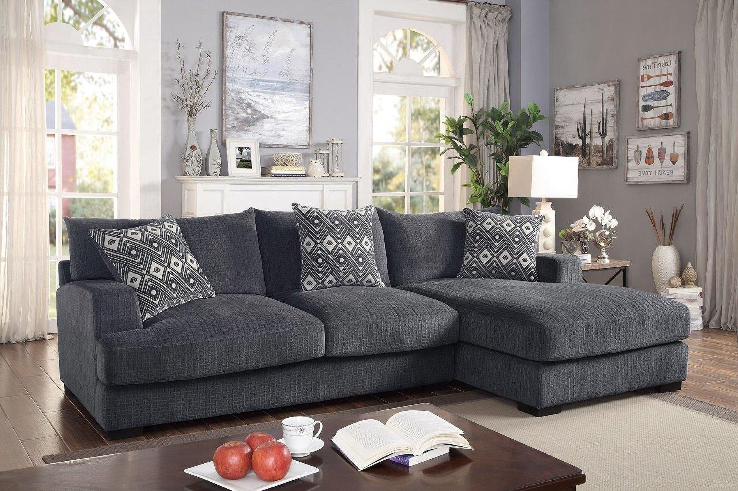 The appearance of Kaylee L-Shaped Sectional With Right Chaise In Gray designed by Furniture of America in the modern / contemporary interior design. This gray piece of furniture  was selected by 1StopBedrooms from Kaylee Collection to add a touch of cosiness and style into your home. Sku: CM6587-CER;CM6587-LVL. Material: Chenille.