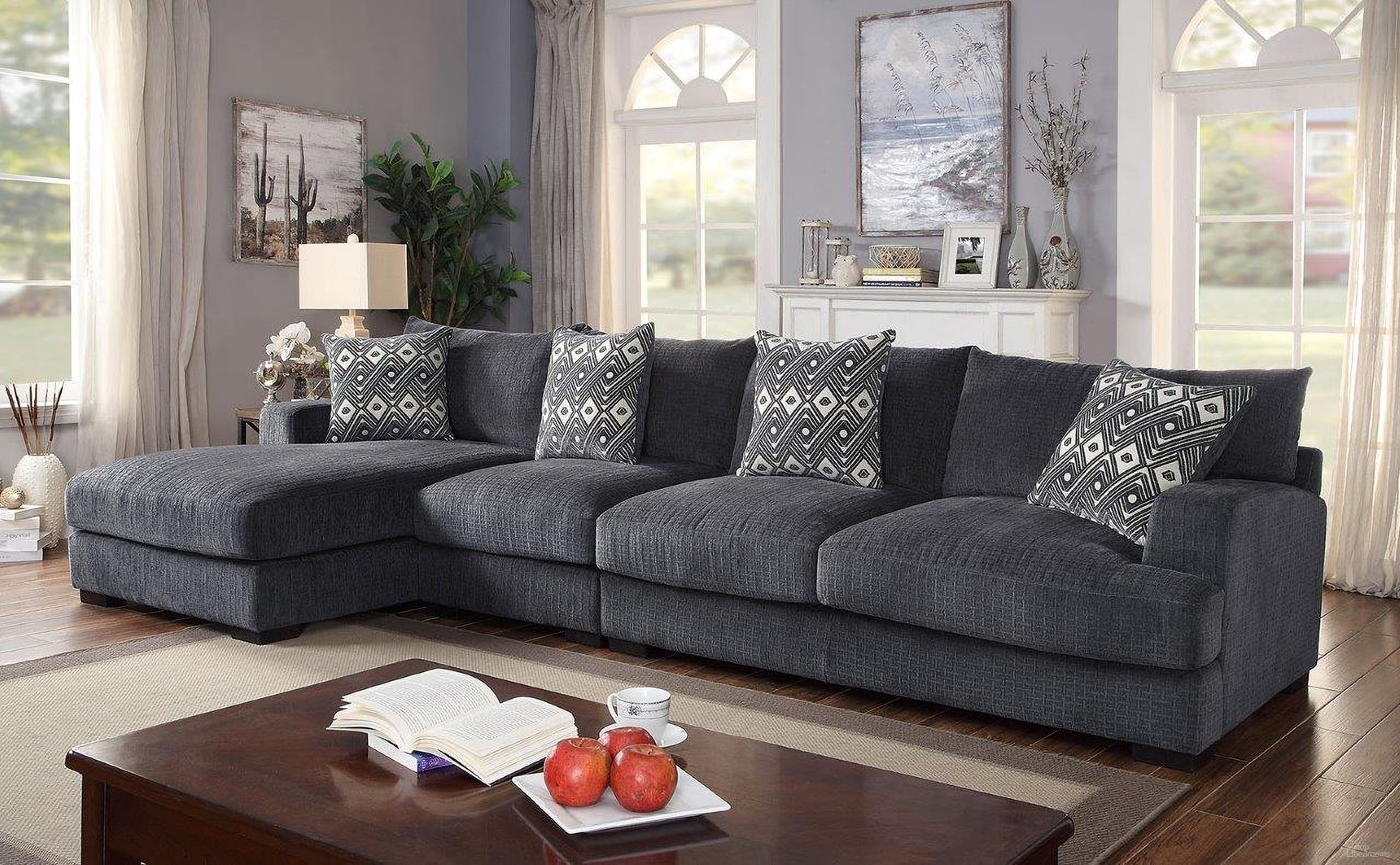 The appearance of Kaylee Large L-Shaped Sectional In Gray designed by Furniture of America in the modern / contemporary interior design. This gray piece of furniture  was selected by 1StopBedrooms from Kaylee Collection to add a touch of cosiness and style into your home. Sku: CM6587-LV;CM6587-AC;CM6587-CE. Material: Chenille.