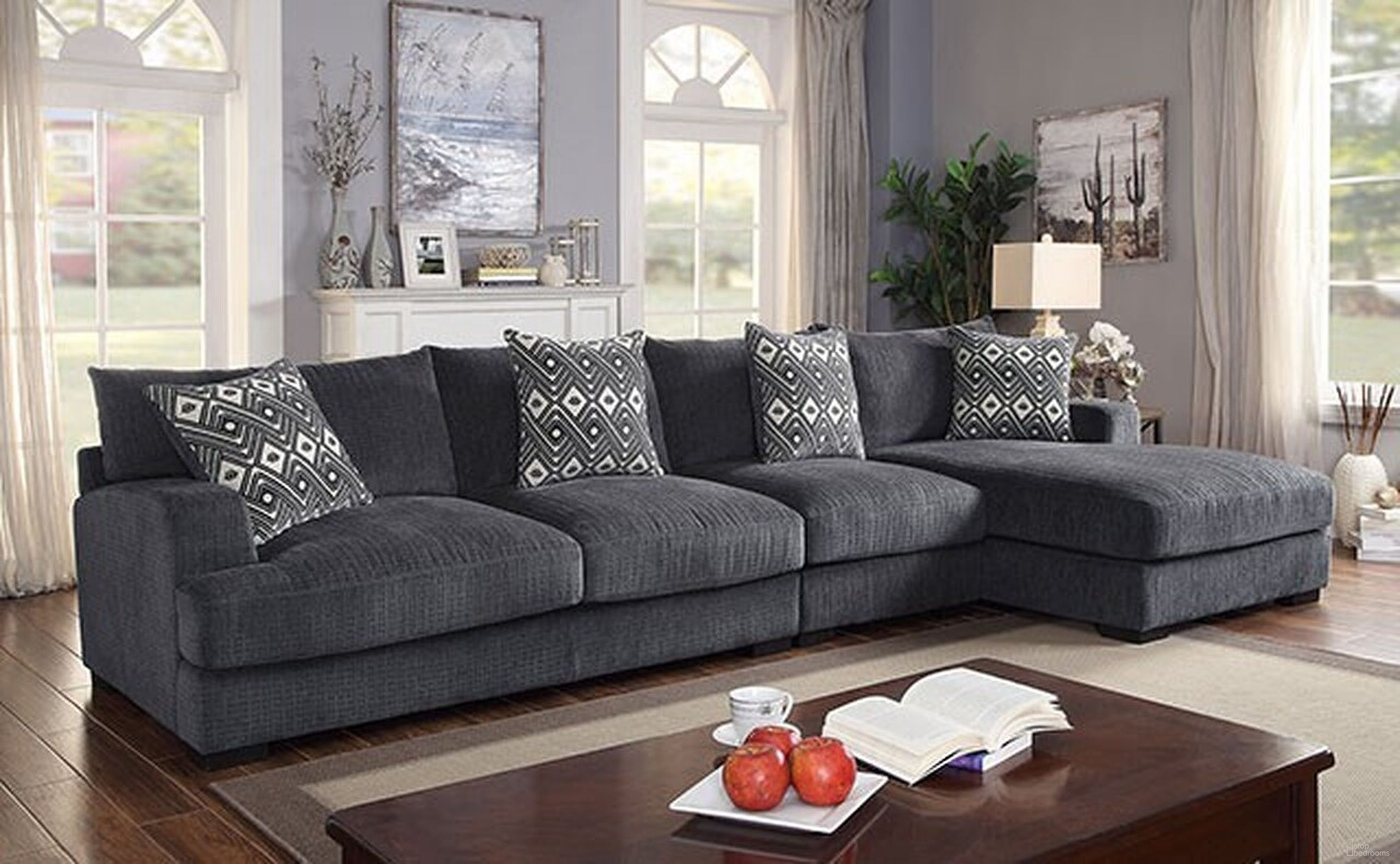 The appearance of Kaylee Large L-Shaped Sectional With Right Chaise In Gray designed by Furniture of America in the modern / contemporary interior design. This gray piece of furniture  was selected by 1StopBedrooms from Kaylee Collection to add a touch of cosiness and style into your home. Sku: CM6587-LVL;CM6587-AC;CM6587-CER. Material: Chenille.