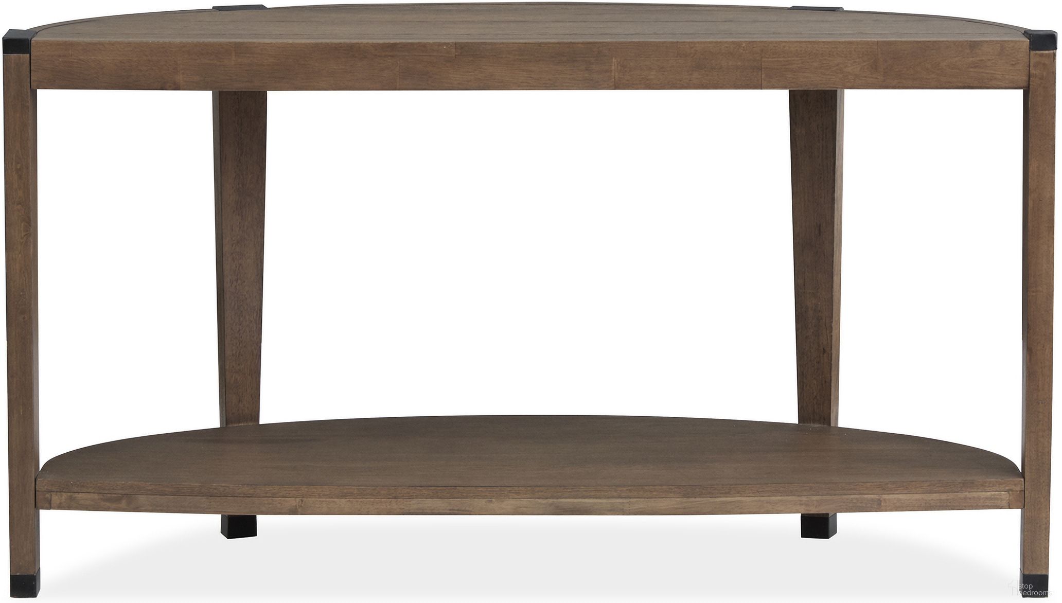 The appearance of Kaysen Demilune Sofa Table In Wallaby And Matte Black designed by Magnussen in the transitional interior design. This wallaby and matte black piece of furniture  was selected by 1StopBedrooms from Kaysen Collection to add a touch of cosiness and style into your home. Sku: T5817-75. Material: Oak Veneer.
