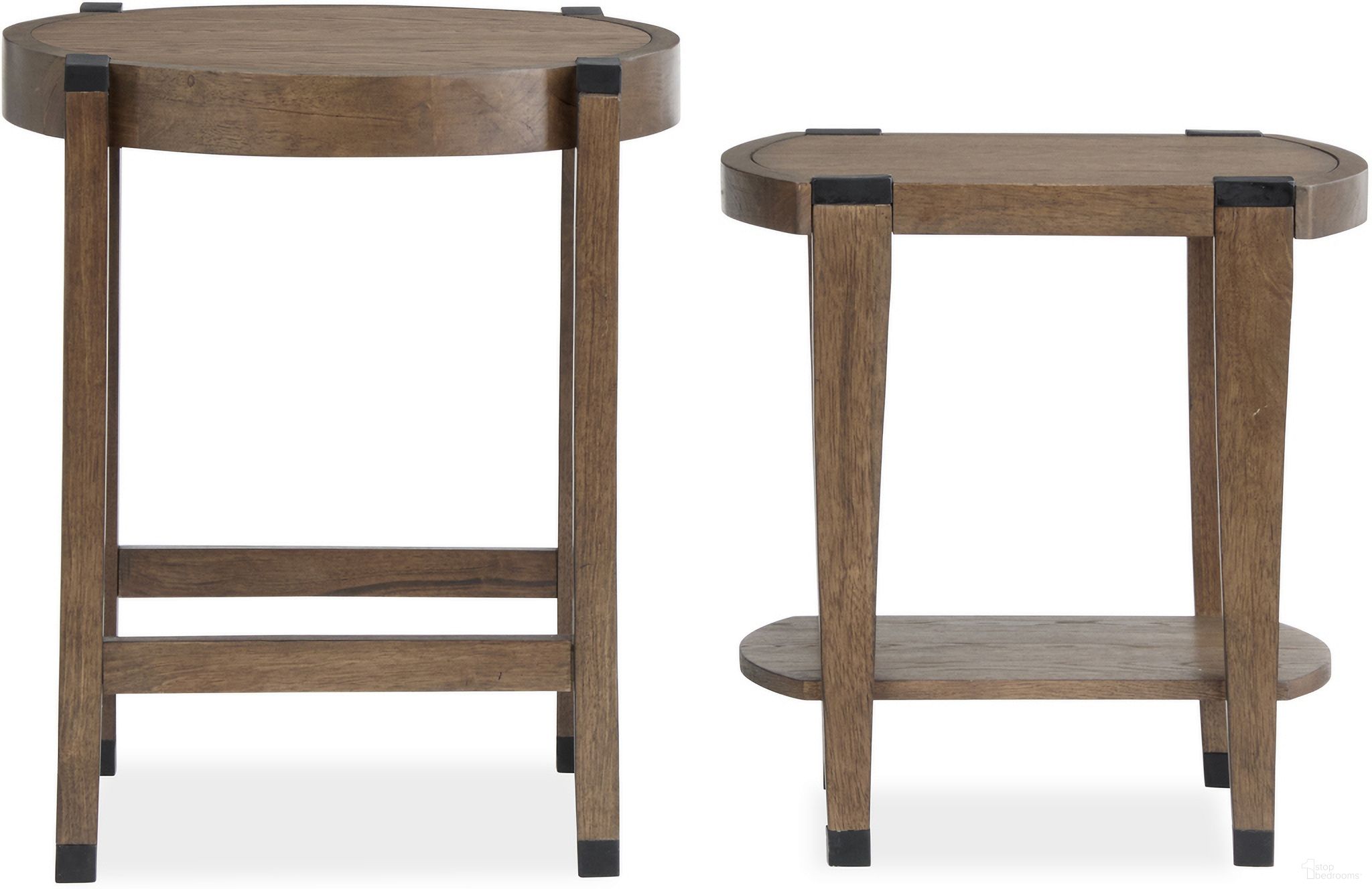 The appearance of Kaysen Nesting End Table In Wallaby And Matte Black designed by Magnussen in the transitional interior design. This wallaby and matte black piece of furniture  was selected by 1StopBedrooms from Kaysen Collection to add a touch of cosiness and style into your home. Sku: T5817-12. Material: Oak Veneer.