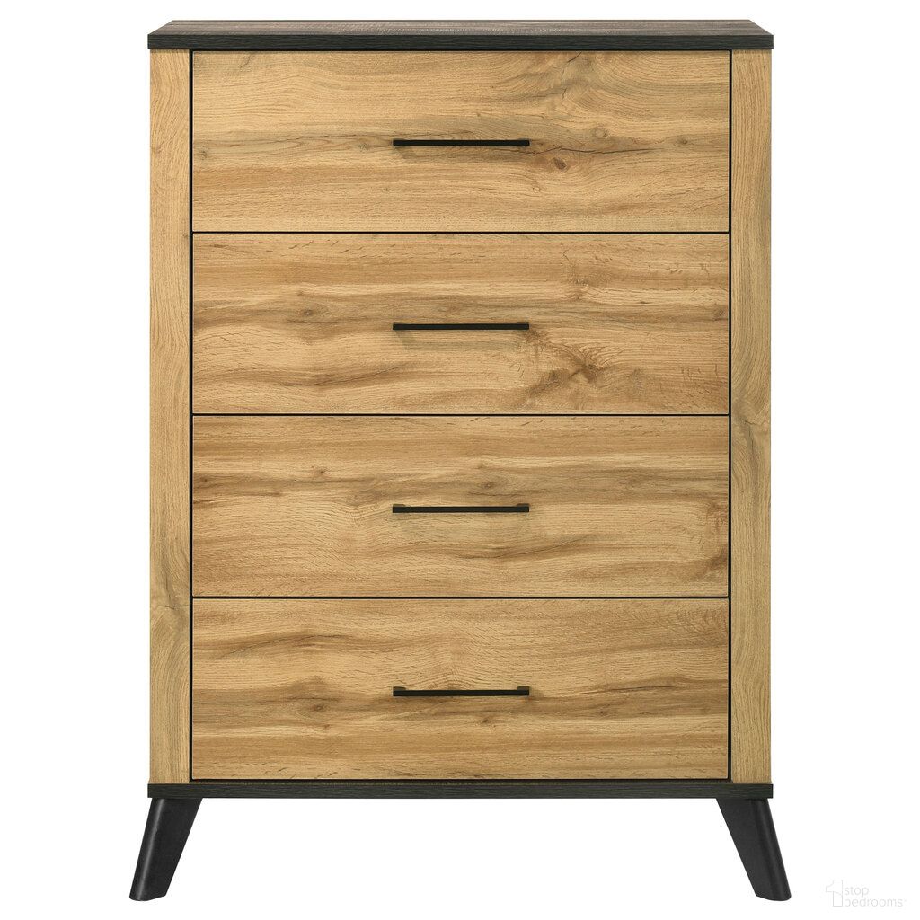 The appearance of Kaywood 4-Drawer Bedroom Chest of Drawers In Weathered Brown and Natural Pine designed by Coaster in the transitional interior design. This weathered brown/natural pine piece of furniture  was selected by 1StopBedrooms from Kaywood Collection to add a touch of cosiness and style into your home. Sku: 225005. Material: Wood.